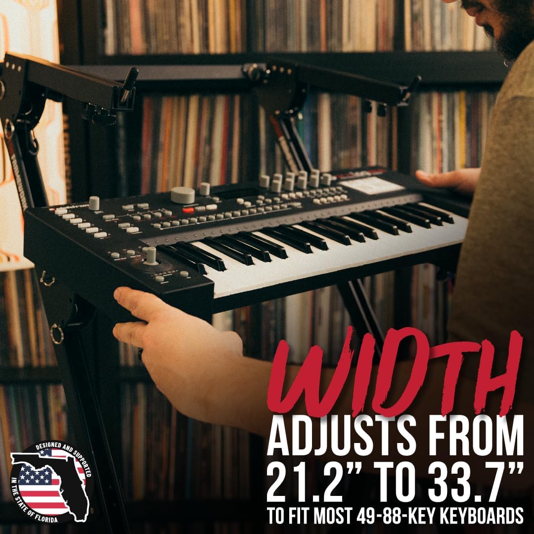 User adjusting the width of the keyboard stand arms