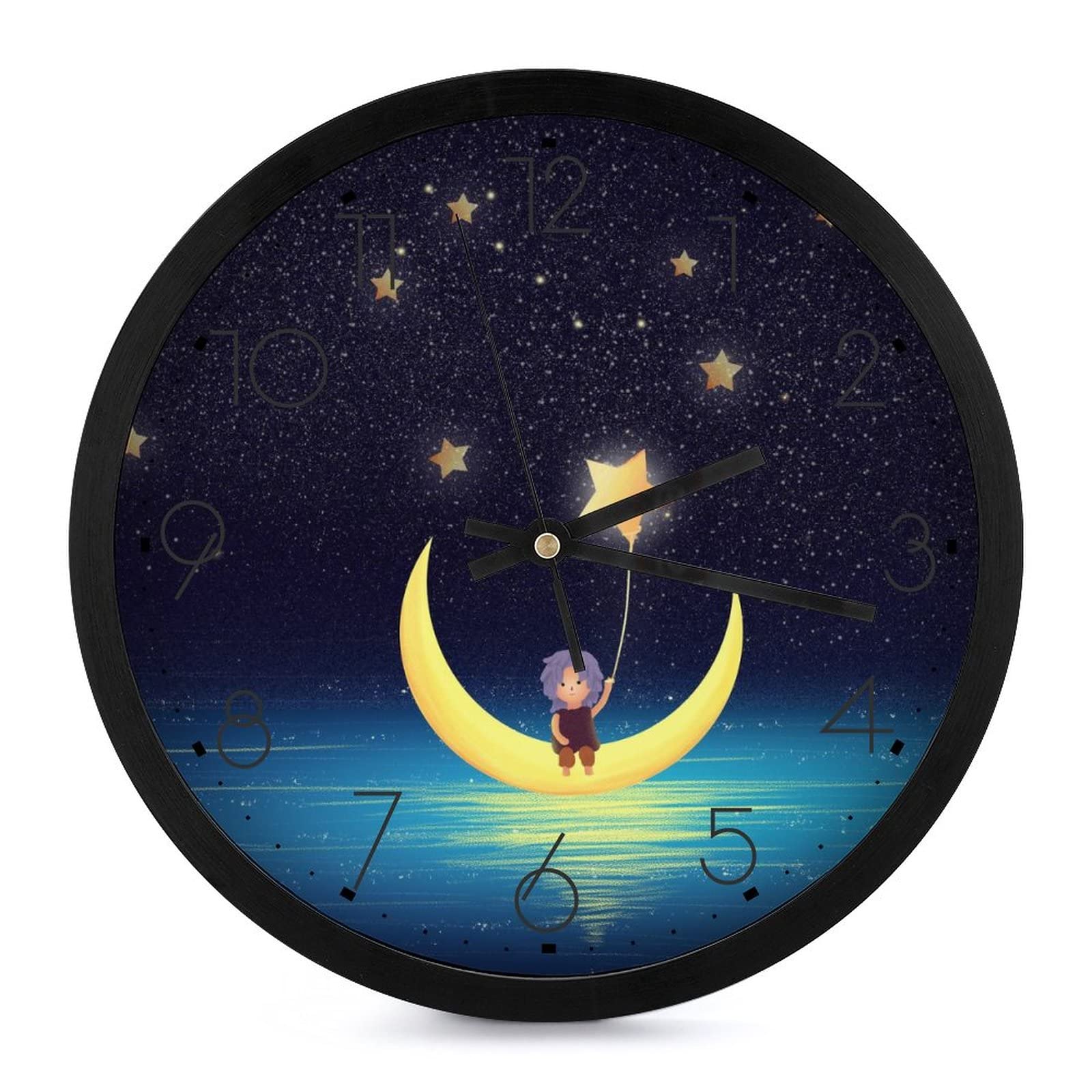 Horloge murale silencieuse moderne lune et étoiles 25.4cm pour maison et école