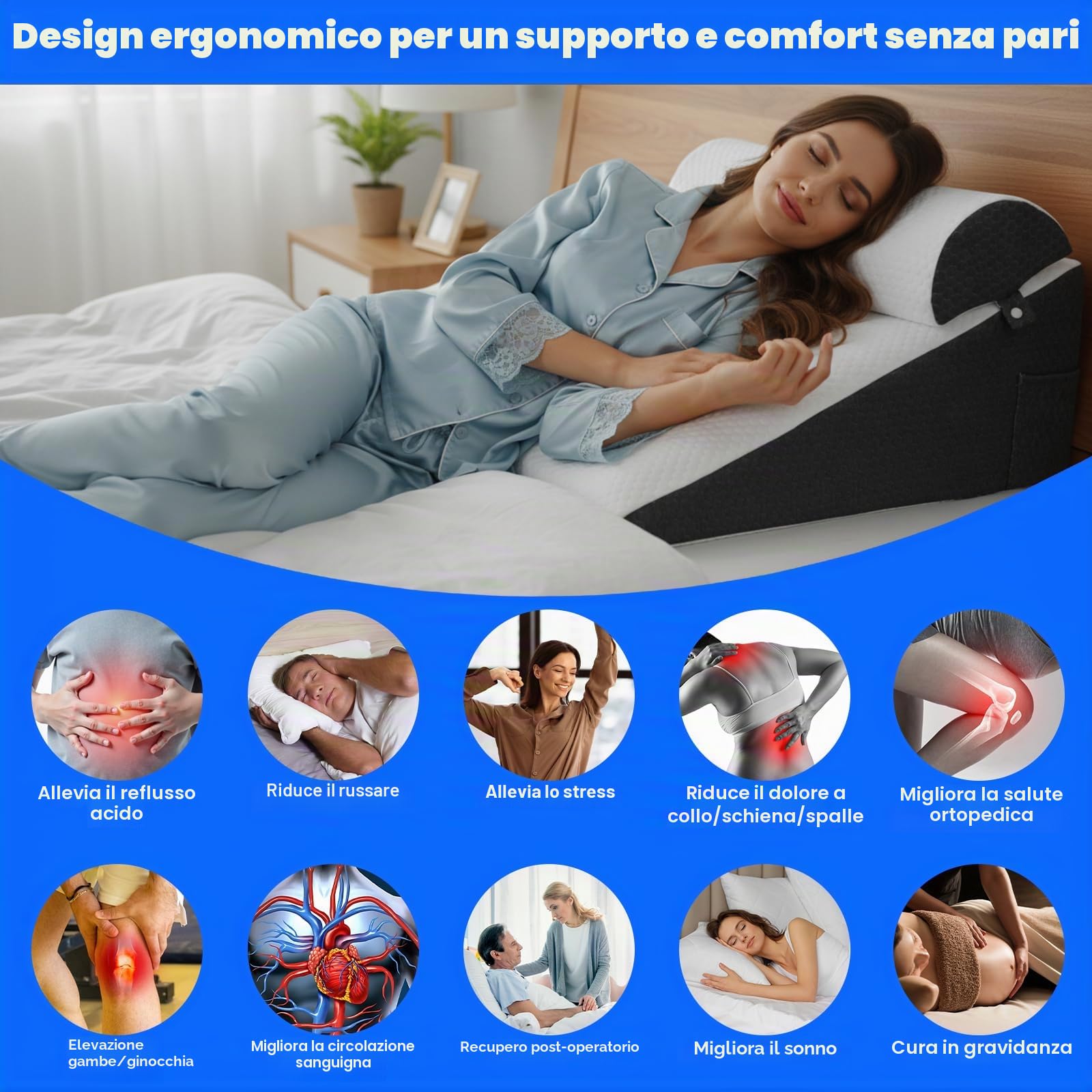 Cuscino a cuneo, 3 strati con cuscino morbido, cuscino da lettura per letto e divano, cuscino in schiuma reflusso, schienale per apnea del sonno, lettura, sollevamento del sonno, cuscino per gambe