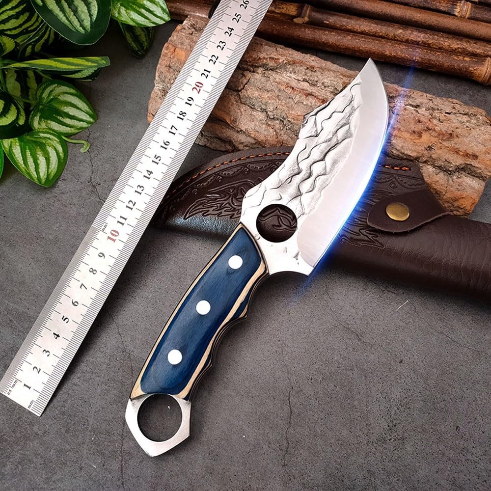 Meat Cleaver,Cleaver Knife 5 Inch Hand Forged Butcher Knife Meat Fish Cleaver Knife Outdoor Fishing Knife Wood Handle With Finger Hole Chef Kitchen Knive With Sheath