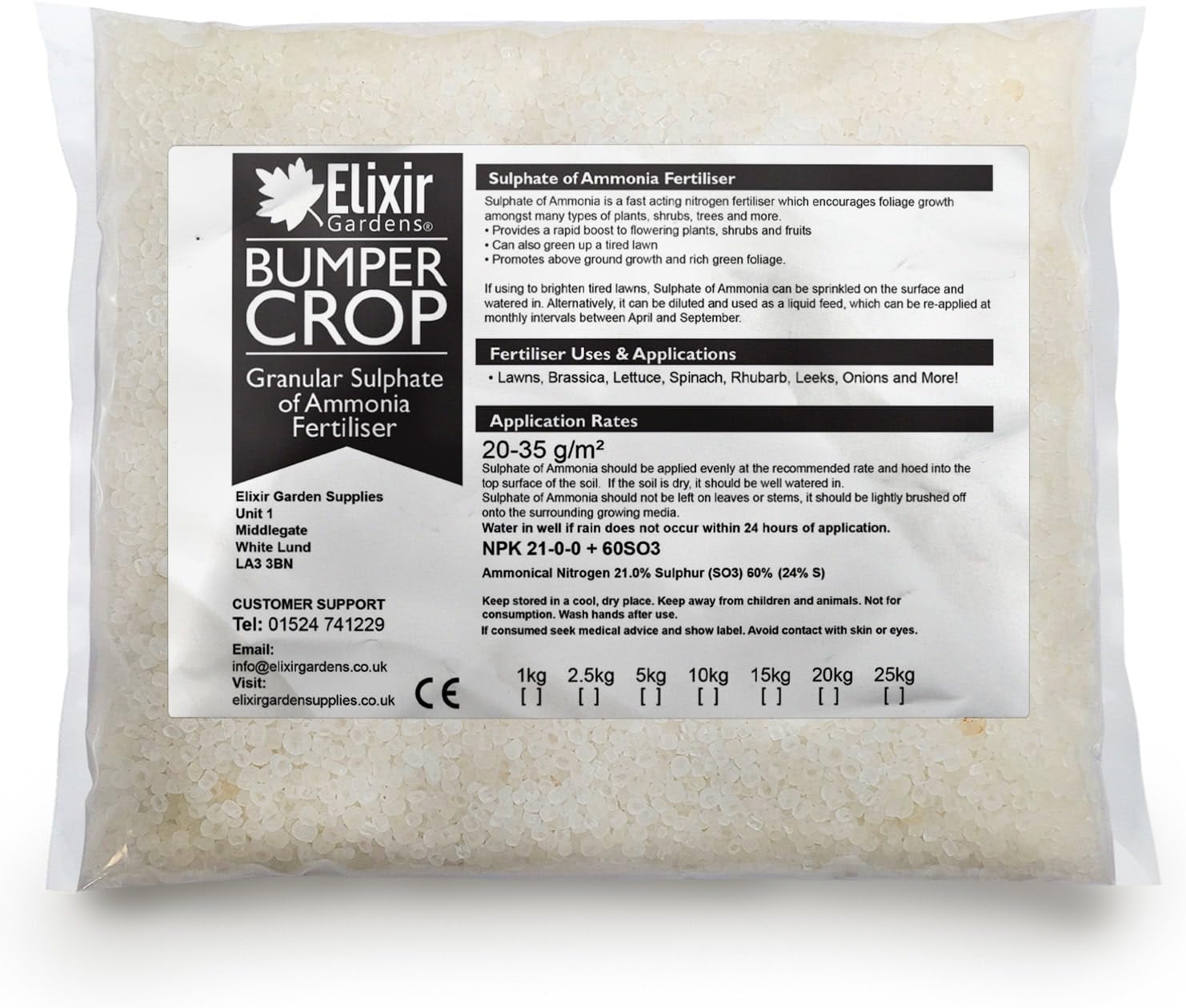 Elixir Gardens Ammonium Sulphate Fertiliser NPK 21-0-0 5kg Bag | Fast acting Nitrogen based fertiliser 5kg Bag Treats 250sqm