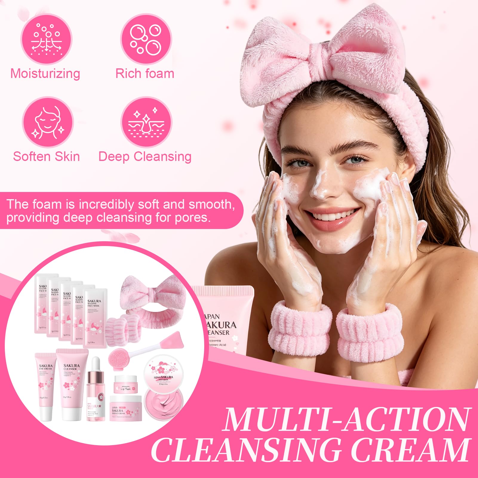 Kit per la Cura della Pelle Sakura 14 Pezzi,Include detergente, essenza, crema, maschera di fango,Sakura Skincare Set,Set Skincare Viso Completo per Ragazze e Donne