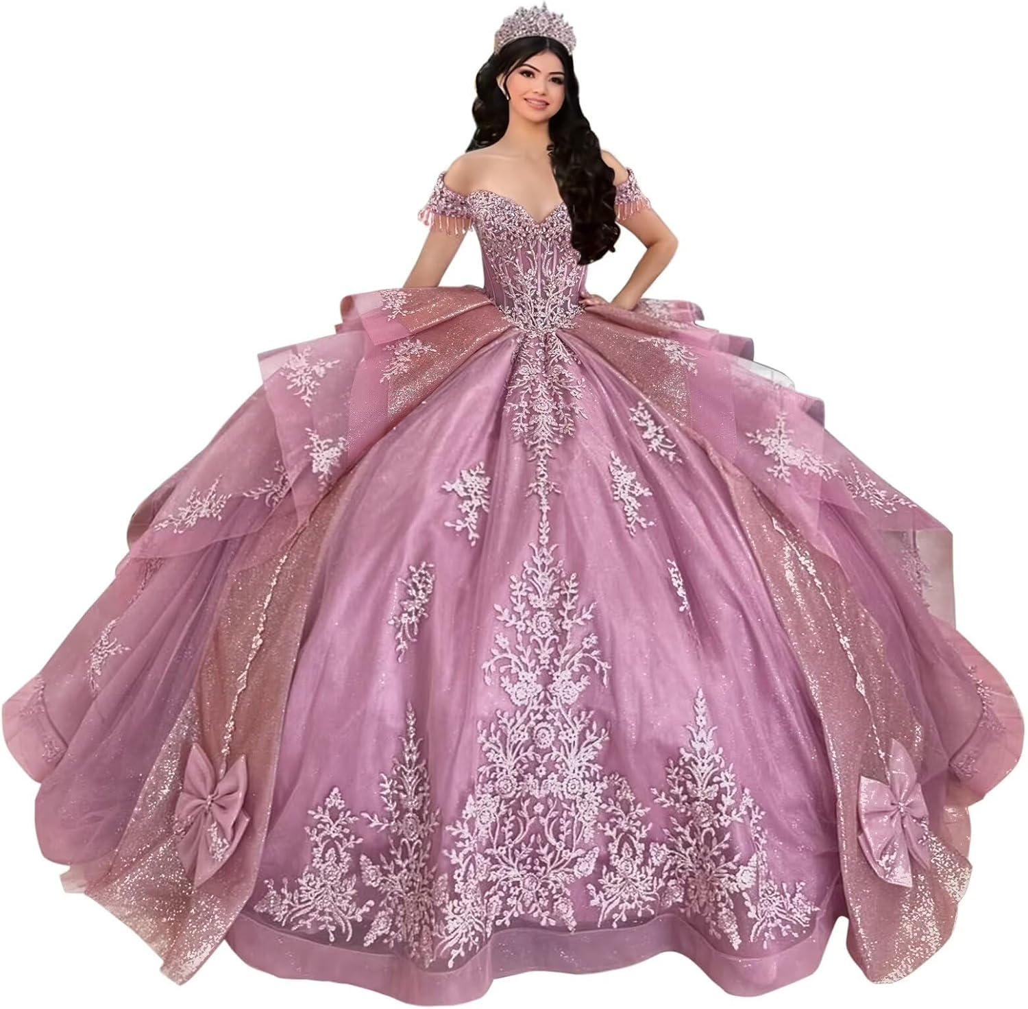 Mauuwy Off Shoulder Quinceanera Dresses Layered XV Sweet 16 Dresses with Tassels Beaded Vestidos De 15 Años with Bow - Image 5