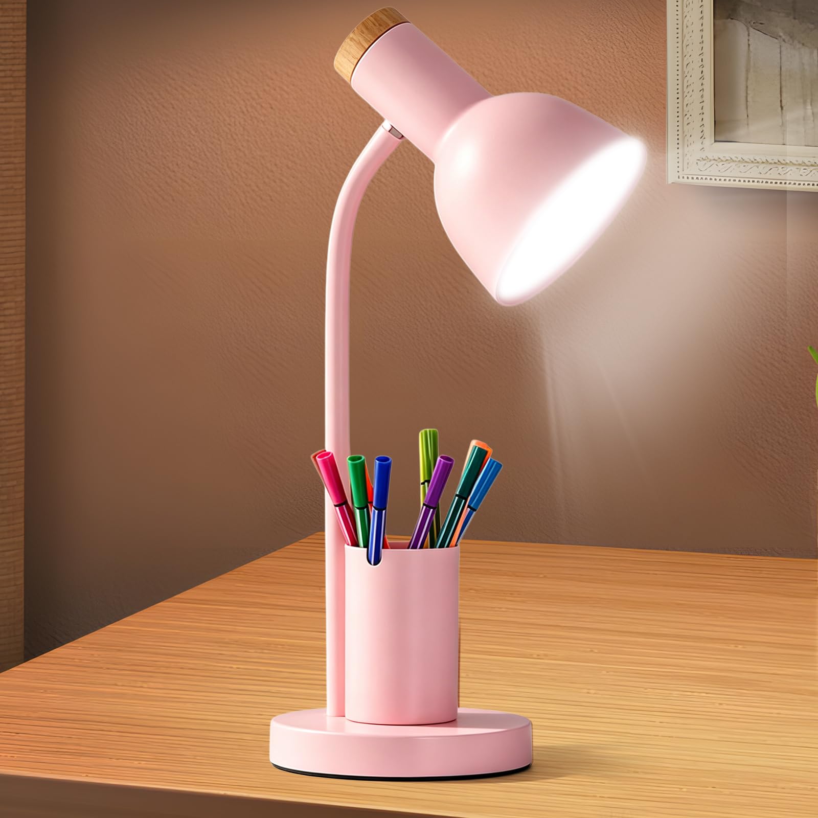 Leikurvo Schreibtischlampe, LED Leselampe Kinder Tischlampe 3 Farbmodi Metall Nachttischlampe mit Stifthalter, E27 Socket, Studienlampe Desk Lamp für Schlafzimmer, Wohnzimmer, Arbeitszimmer (Rosa) Beleuchtung