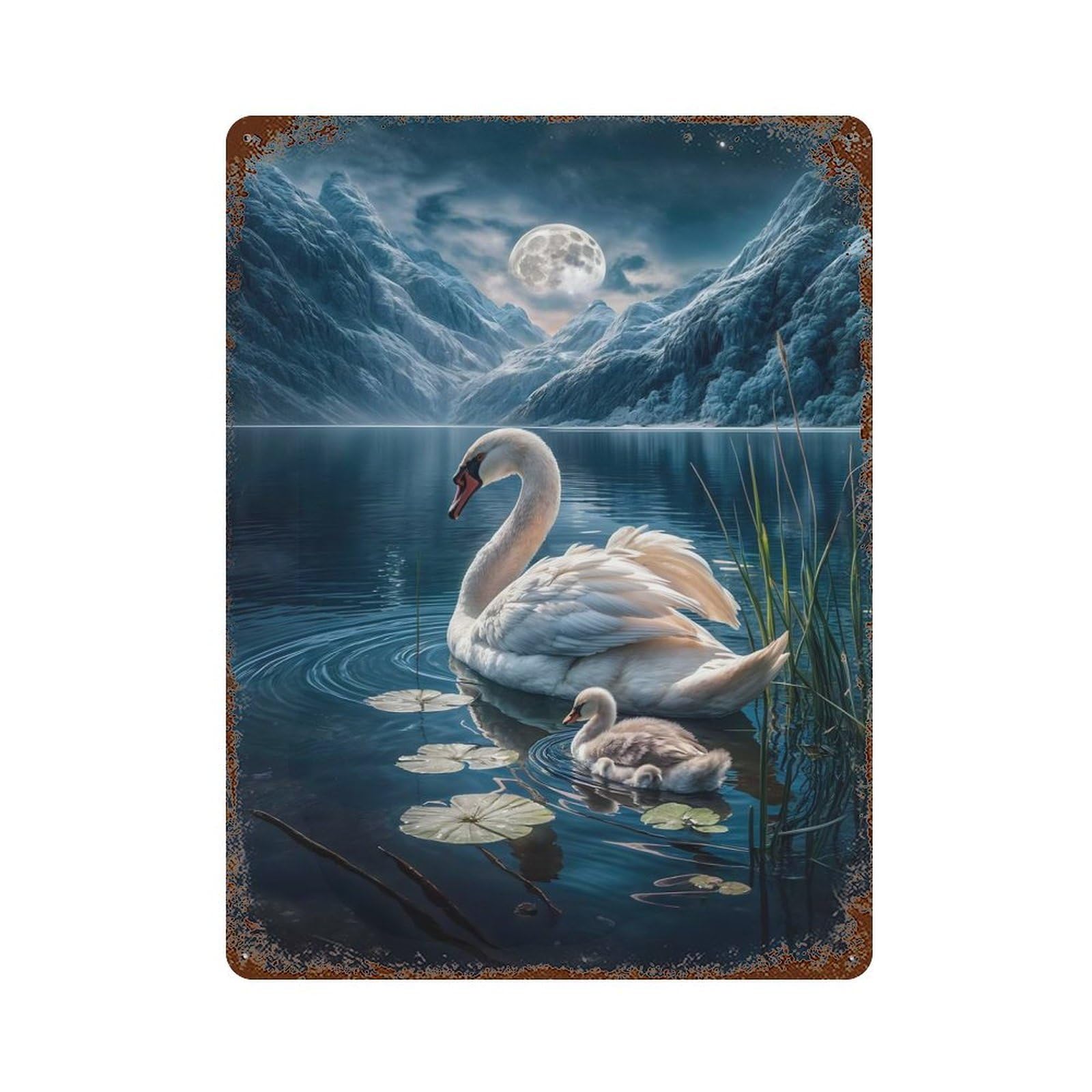 Moonlit Swan Serenity Rusty Metal Tin Sign 15.7"x11.8", for Pub, Kitchen And Man Cave Decor, Farmhouse Wall Decor