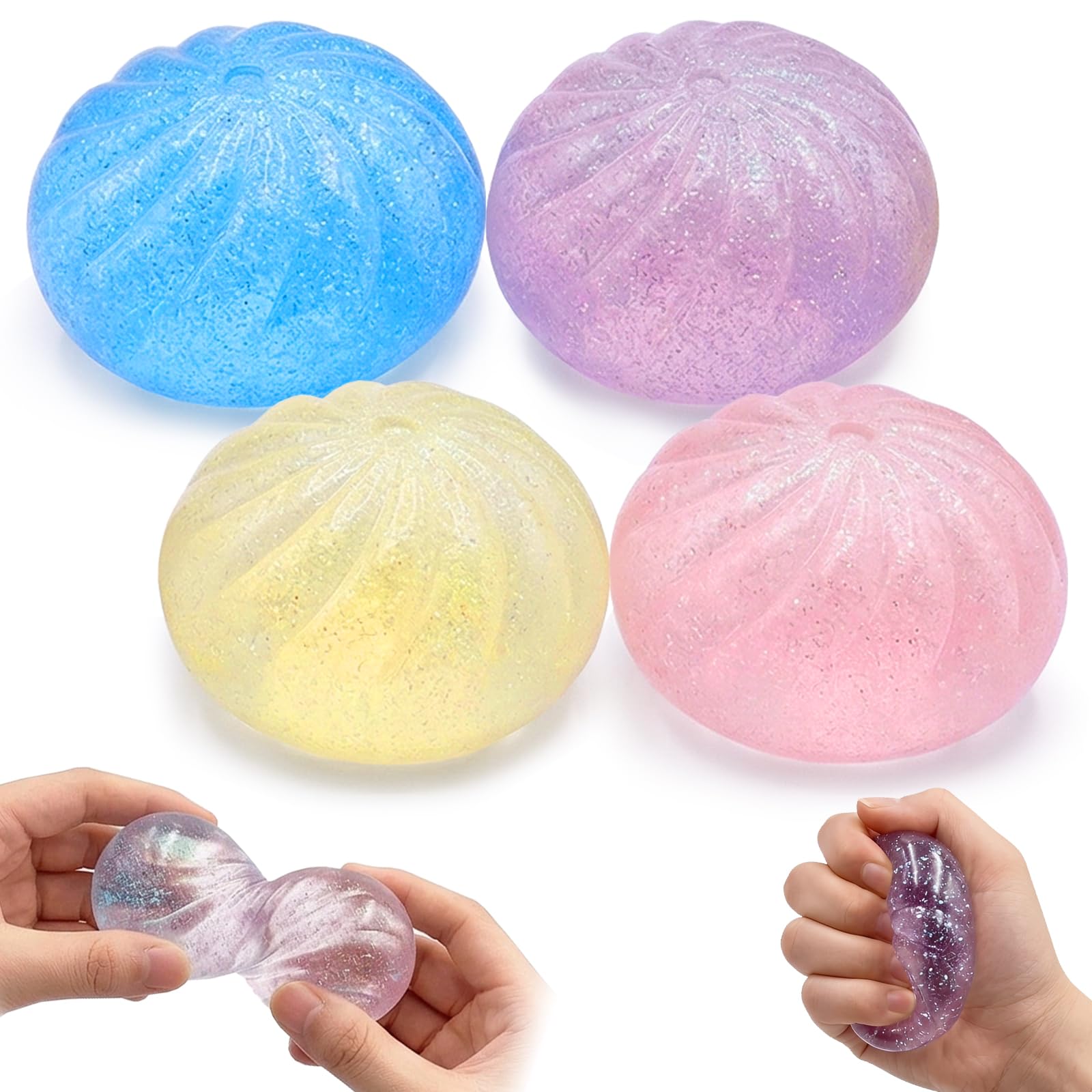 Dumpling Squishy, 4 Pcs Glitter Dumplings Squishy Fidget Toys for Kids Adults Autism Adhd, Squishies Sensory Toys Stress Balls Squeeze Fidgets Toys for Stress Anxiety Relief