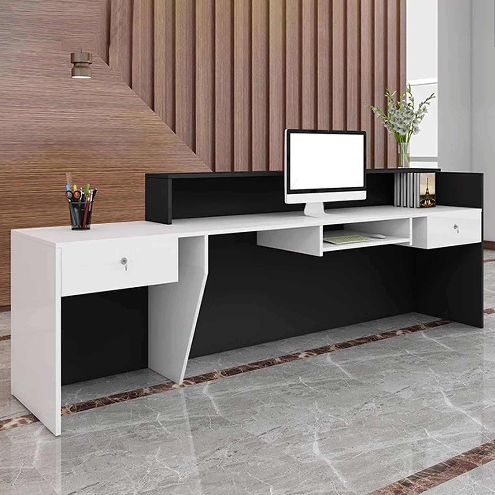 Stolik recepcyjny, drewno inżynieryjne, 1,2 m, biało-zielony, nowoczesny salon recepcyjny do salonów fryzjerskich, spa piękności, sklepów detalicznych i biura