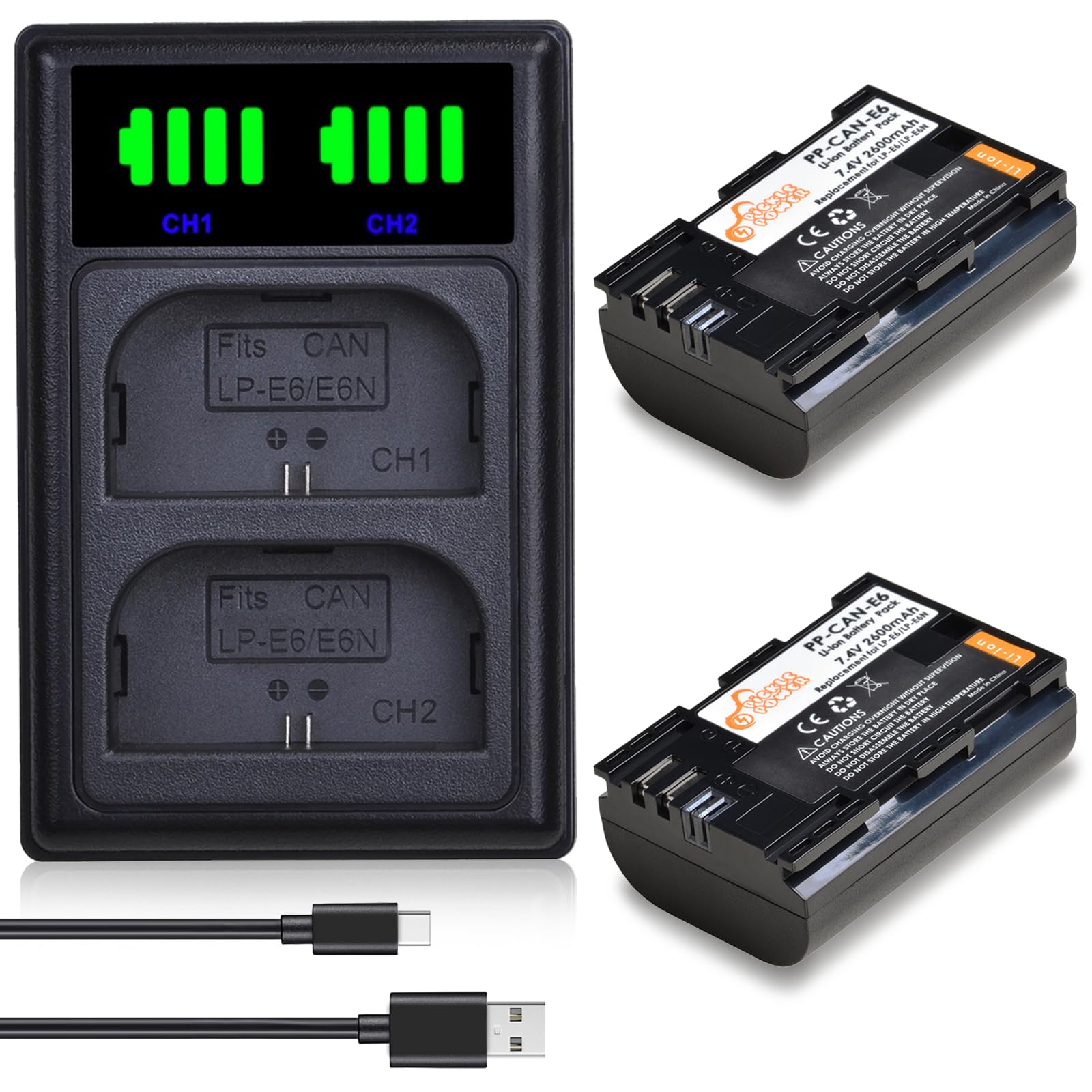 Pickle Power LP-E6 LP-E6N Battery and LED Dual USB Charger Compatible with 5D Mark II/III/IV, 5Ds, 5DS R, 6D, 6D Mark II, 7D, 7D Mark II, R, 60D, 70D,