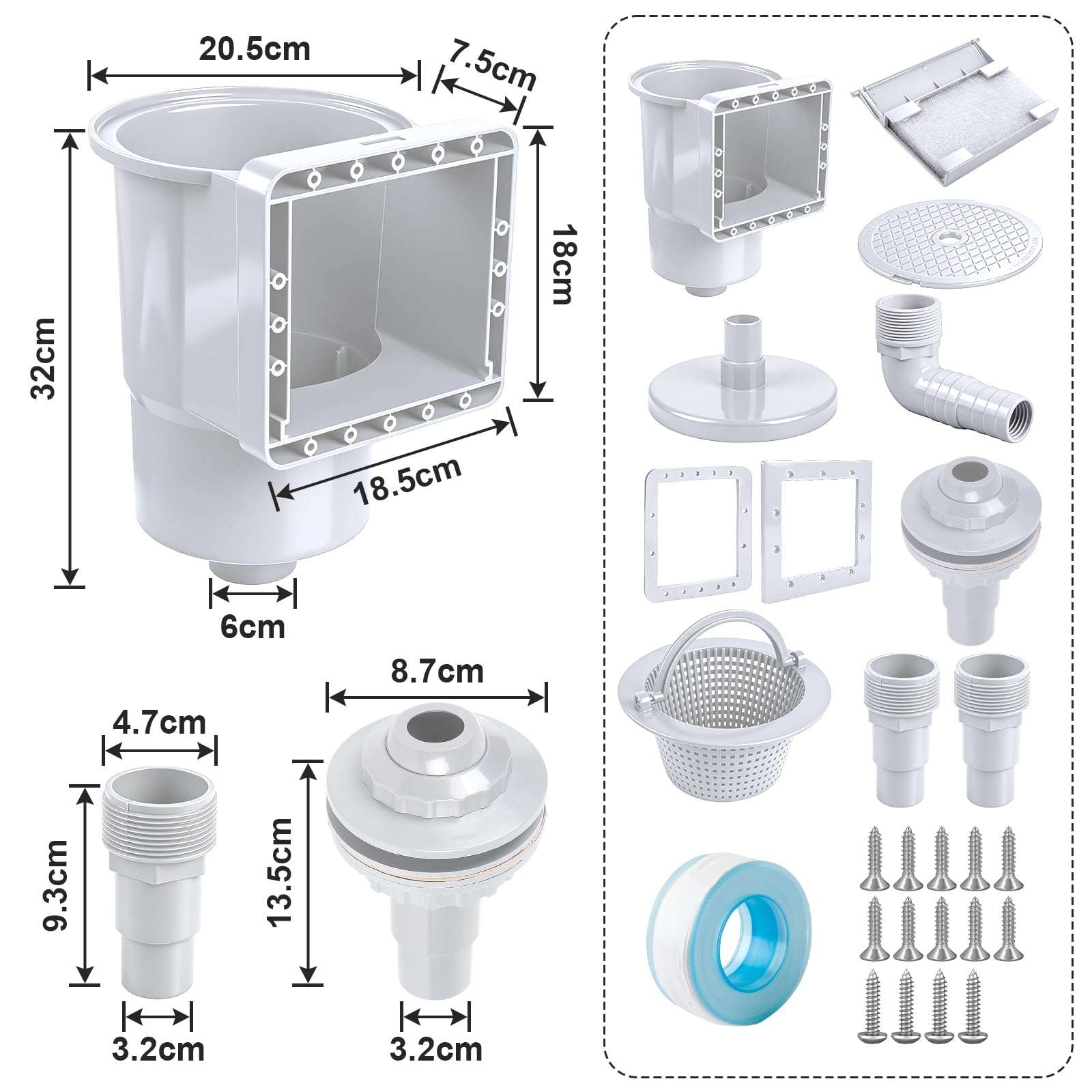 efuturetime 9 Piezas Juego de Skimmer Piscina, Cesta Grande para Skimmer, Boquilla de Entrada, Conexión de Manguera de 32/38 mm para Piscinas de Acero y Elevadas, Blanco