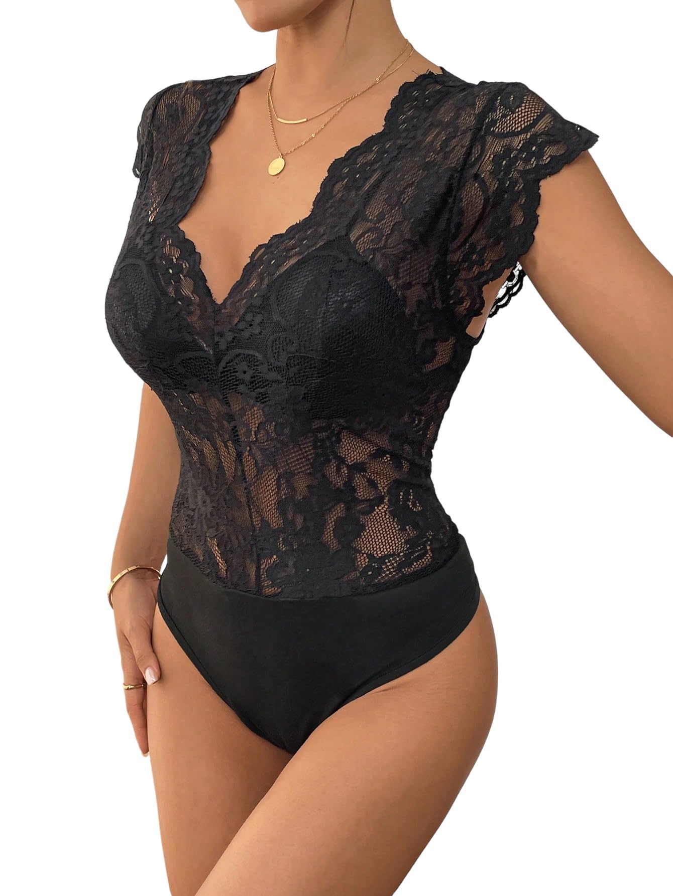 GORGLITTER Damen Body Elegant Spitzenbody Flügelärmel Bodysuit V-Ausschnitt