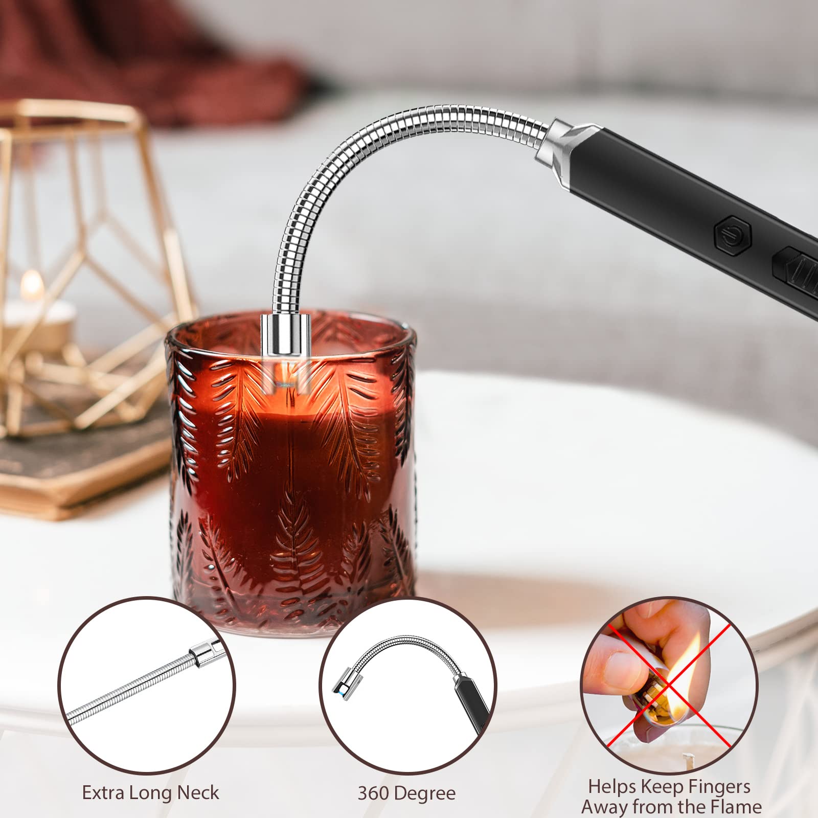 Encendedor eléctrico de vela largo y flexible, con cuello de plasma, resistente al viento y sin llama, recargable por USB con interruptor de seguridad (negro y negro) 4