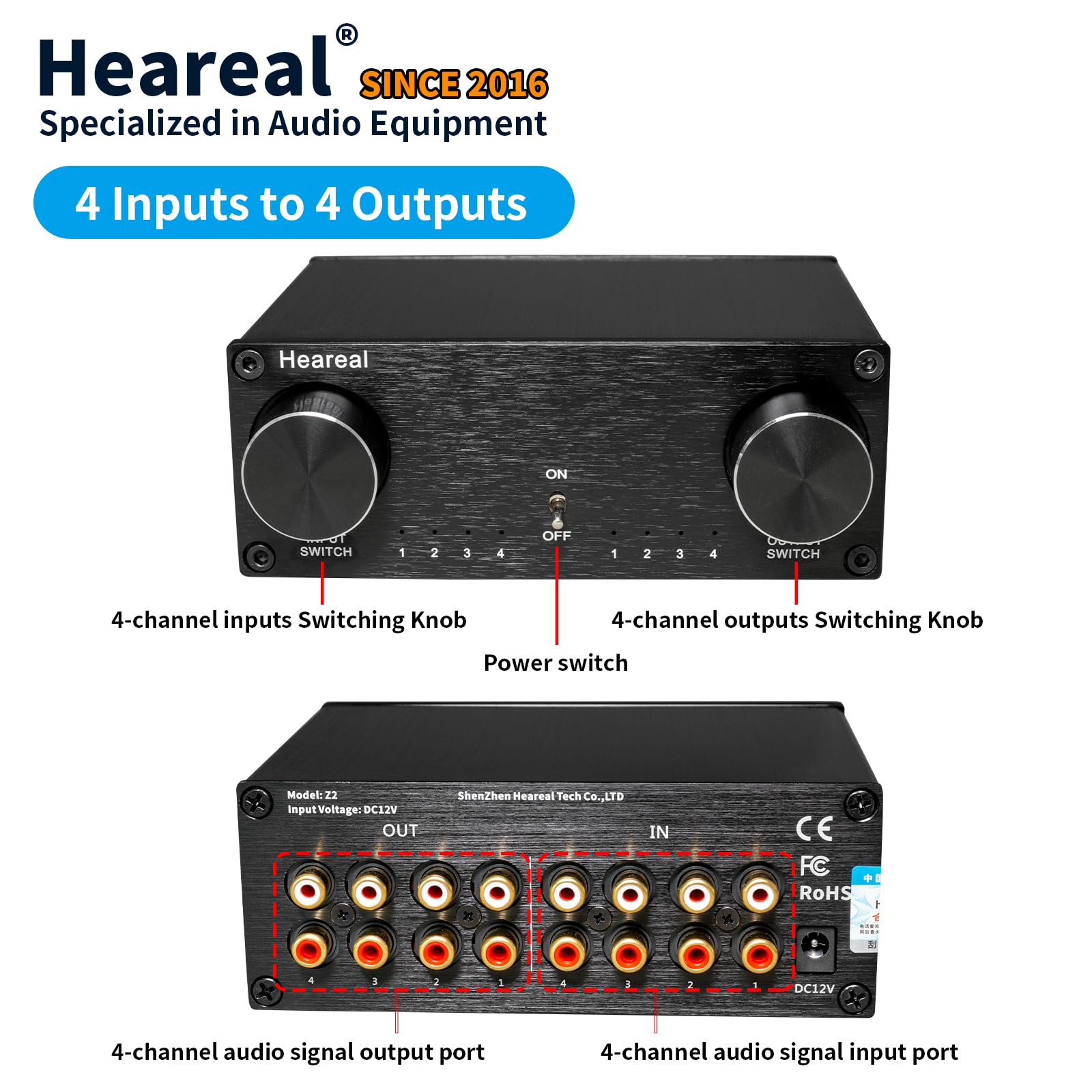 Selettore audio stereo RCA 4 in 4 uscite, connettori placcati oro, doppi selettori a 4 posizioni per ingresso e uscita, guscio in alluminio, nessuna perdita di segnale, per amplificatore lettore CD