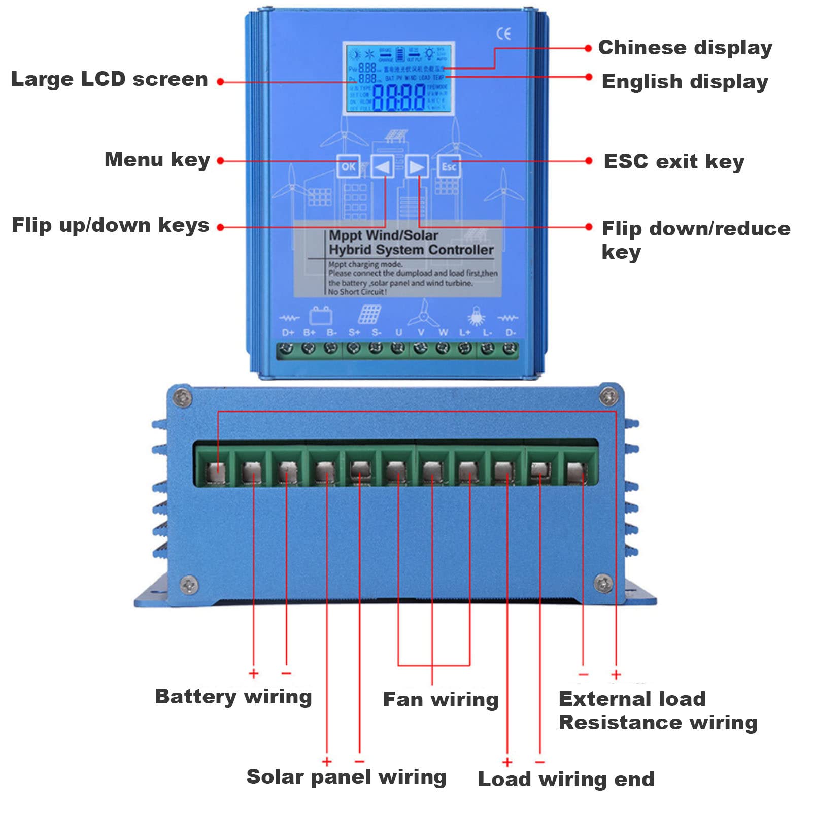 Controlador de Carga híbrido Solar eólico, Controlador de Carga MPPT de identificación automática de 12 V 24 V, Viento de 1000 W y Solar de 1000 W con Pantalla LCD para Sistema suplementari