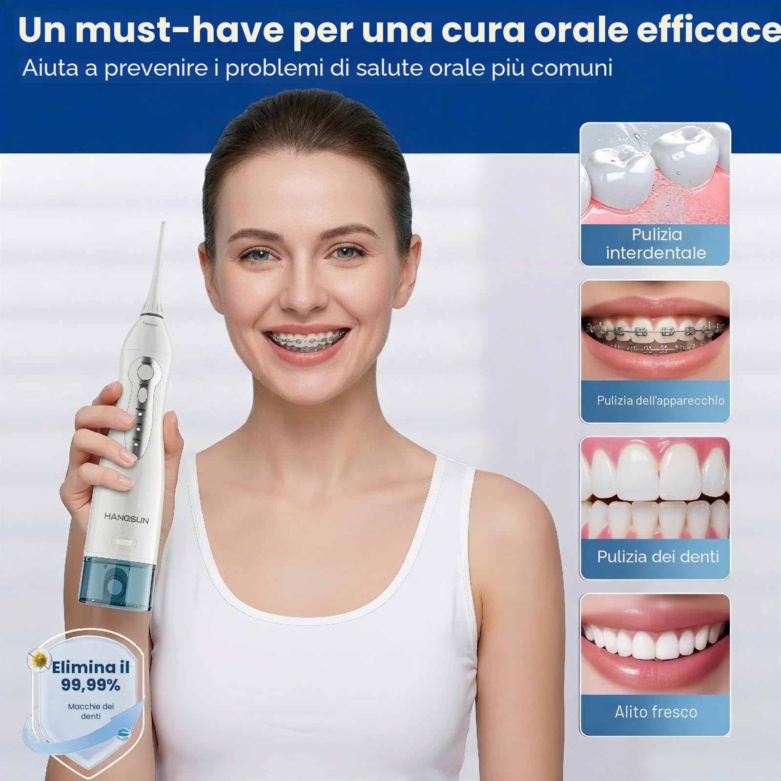 Idropulsore Dentale Portatile con 8 Ugelli Hangsun Irrigatore Dentale, 3 Modalità e Capacità 300ML, USB Ricaricabile per Ortodontico, Famiglia