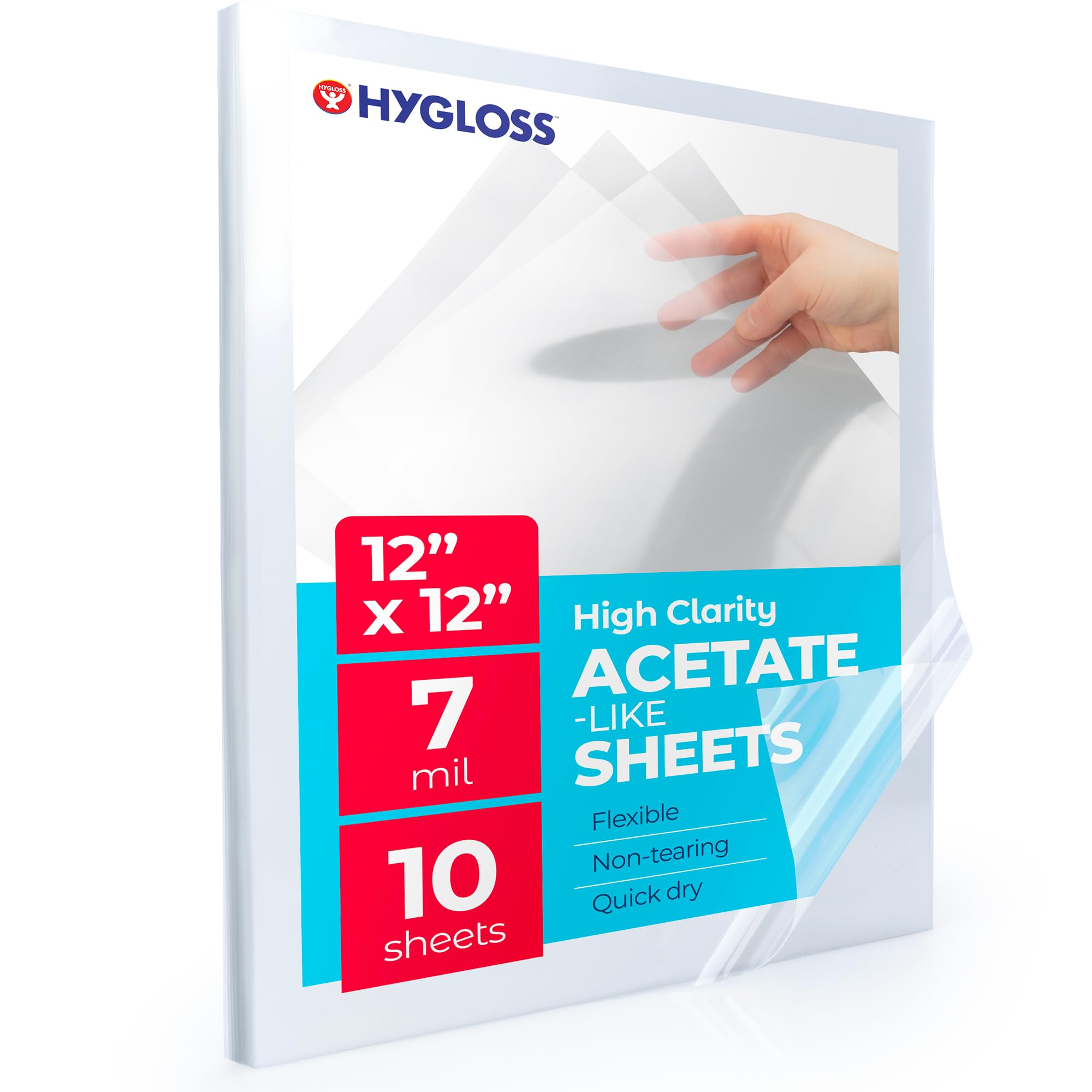 Papel de acetato Hygloss de 12 x 12, hojas de acetato transparente de 7 milésimas para proyectos de manualidades, hojas de plantillas Cricut, hojas de plantillas para aulas, hojas de plástico transparente reutilizables, no aptas para impresoras, paquete de 10