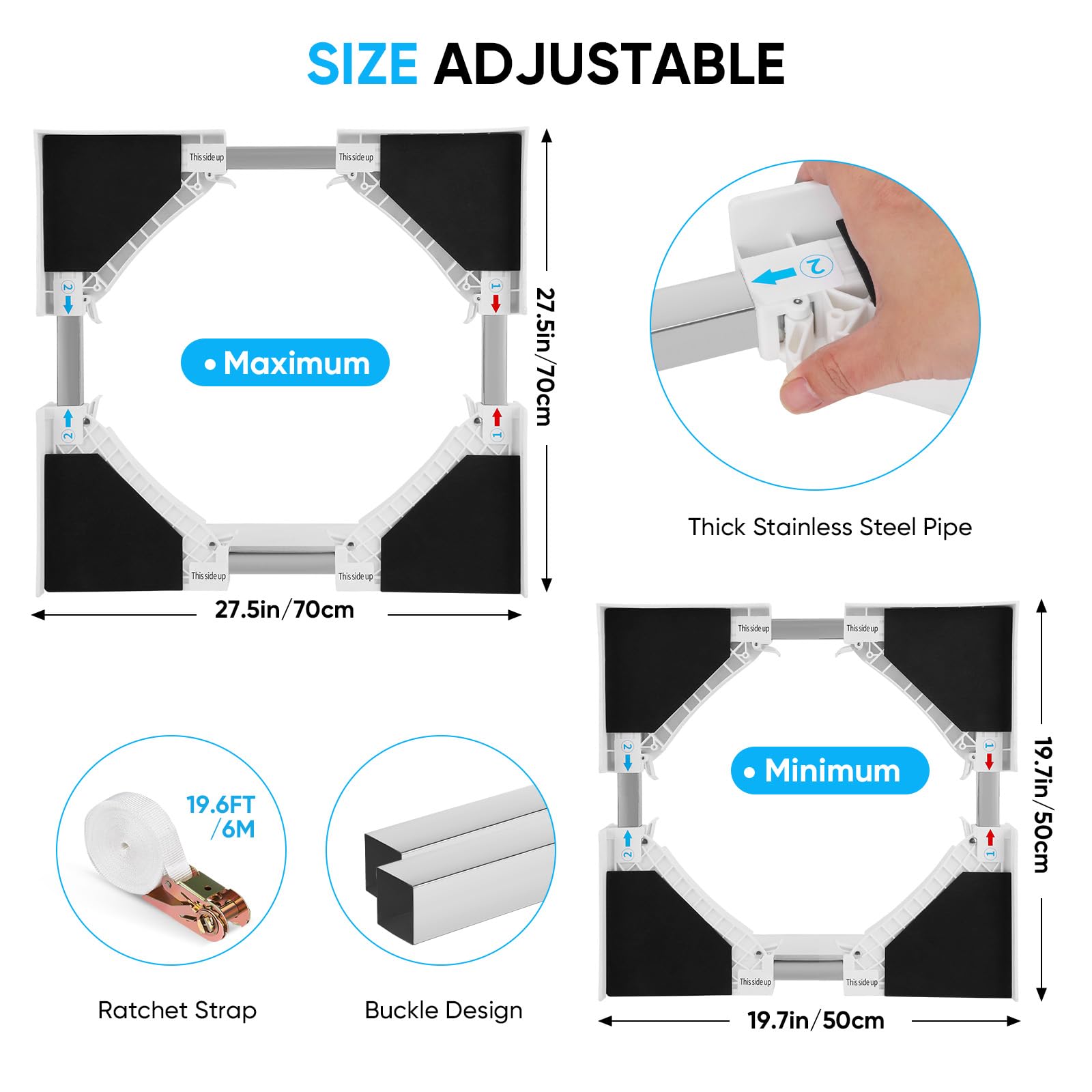 Kit de apilamiento universal para lavadora y secadora, kit de marco apilable ajustable para lavadora y secadora de 46-66 cm, estante apilable con cuerdas de trinquete y patas antivibración