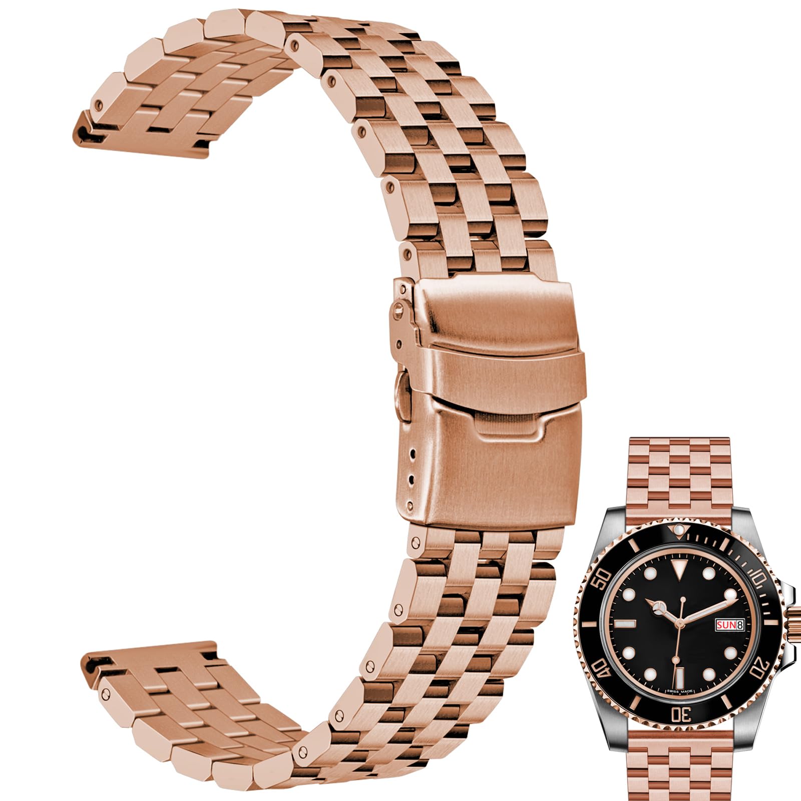 Juntan 18mm 20mm 22mm 24mm 26mm Brushed Stainless Steel Replacement Watch Band Metal Watch Strap Bracelet Deployment Double FlipLock Buckle Silver Black 20mm Rose Gold