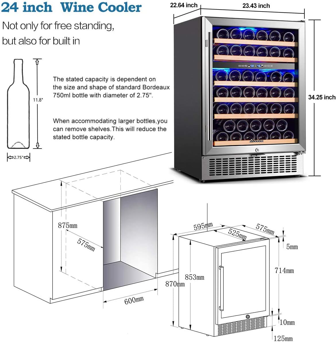AAOBOSI 51 Bottle Wine Fridge, 24-Inch Dual Zone Wine Cooler Refrigerator, Built-In or Freestanding Under Counter Wine Fridge with Compressor, Digital Temperature Control, Low Noise for Home Bar