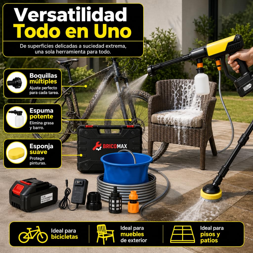 Hidrolimpiadora Batería Premium para Limpieza Alta PRESIÓN sin Cables 48V y Esponja - Pistola de Agua a Presión con Cubo Portátil - Hidrolavadora Portátil para el Coche, Jardín y Exteriores