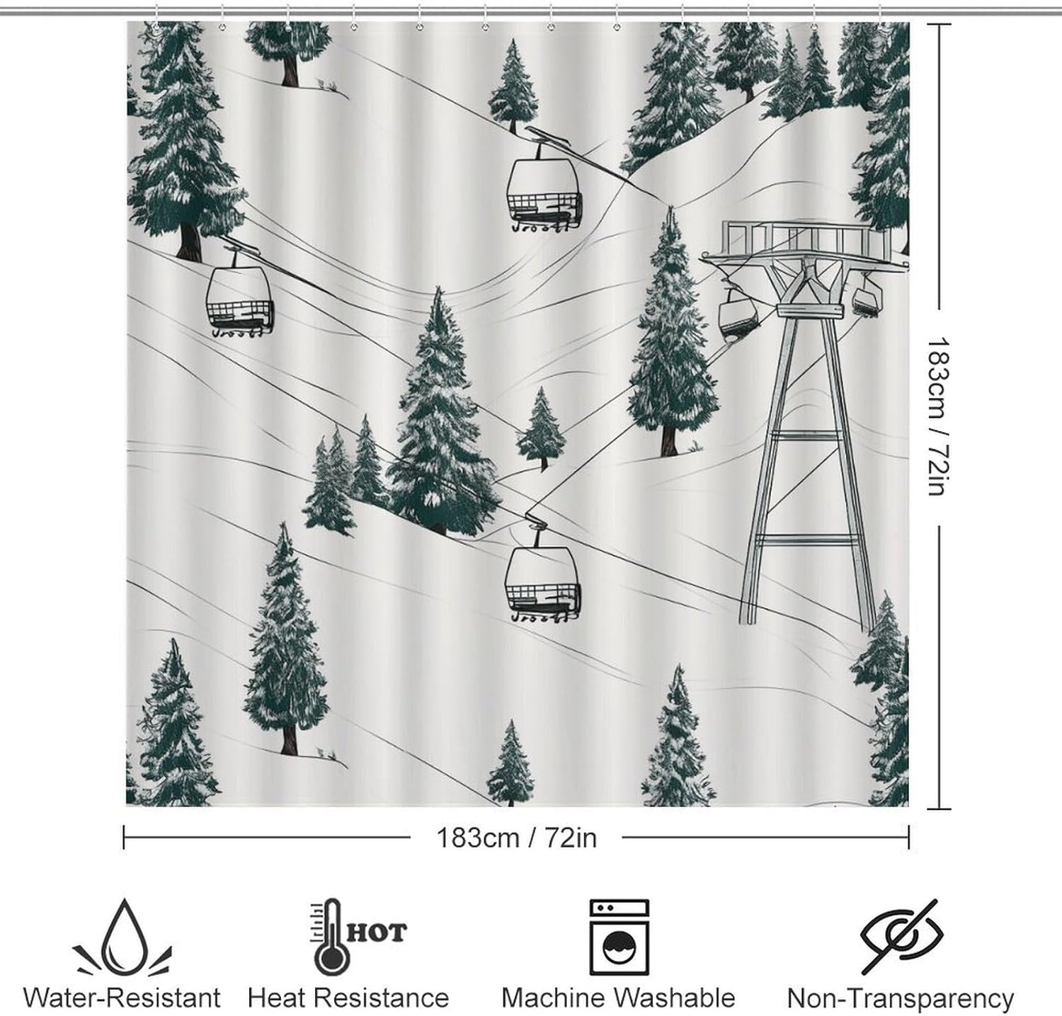 Ski Lift with Fir Tree Shower Curtain Set 4 Piece, Non-Slip Bath Mat with Toilet Lid Cover and Waterproof Shower Curtain with 12 Hooks, Complete Bathroom Set for Home Decor