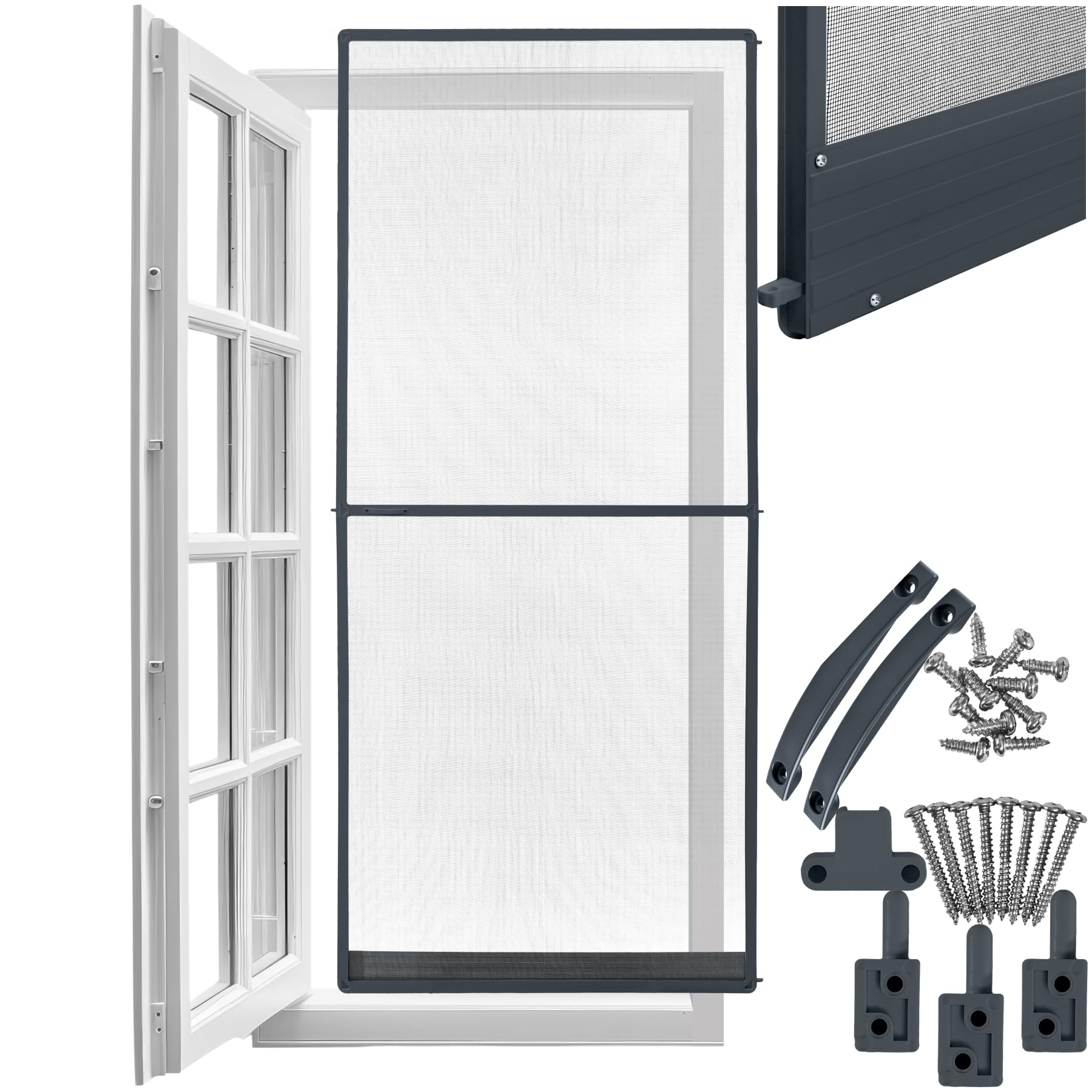 tectake® Fliegengitter für Türen, 95 x 210 cm, Aluminiumrahmen, wetter- und UV-beständig, individuell kürzbares Insektennetz, Schutzgitter, Insektenschutzgitter, Mückenschutz - anthrazit