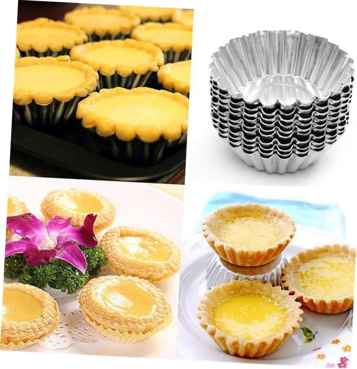 Mikinona 100pcs Nonstick Tart Molds Metal Baking Cups for Tartlets Fluted Tin Cake Molds for Muffins Cookies and Desserts