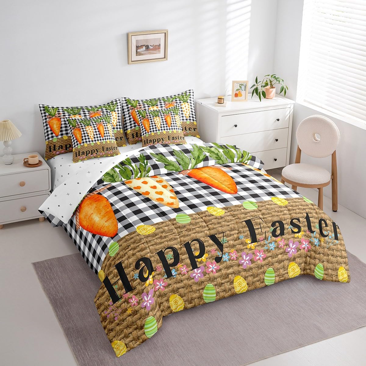 Happy Easter Bedding Set Queen Size,Cartoon Carrot Eggs 7Pcs Comforter Set,Black White Grid Patchwork Brown Flat Fitted Sheet for Kids Girls Boys Women Room Decor,Cartoon Carrot Bed in a Bag