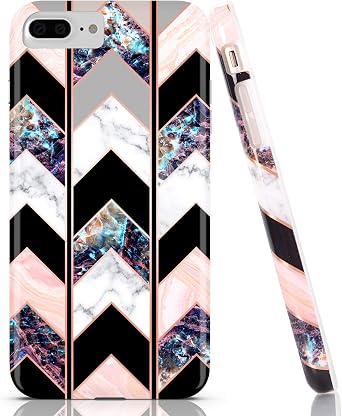 BAISRKE Shiny Rose Gold Wave Geometric Marble Case Slim Soft TPU Rubber Bumper Silicone Protective Phone Case Cover Compatible with iPhone 8 Plus / 7 Plus / 6 Plus 6s Plus [Black]