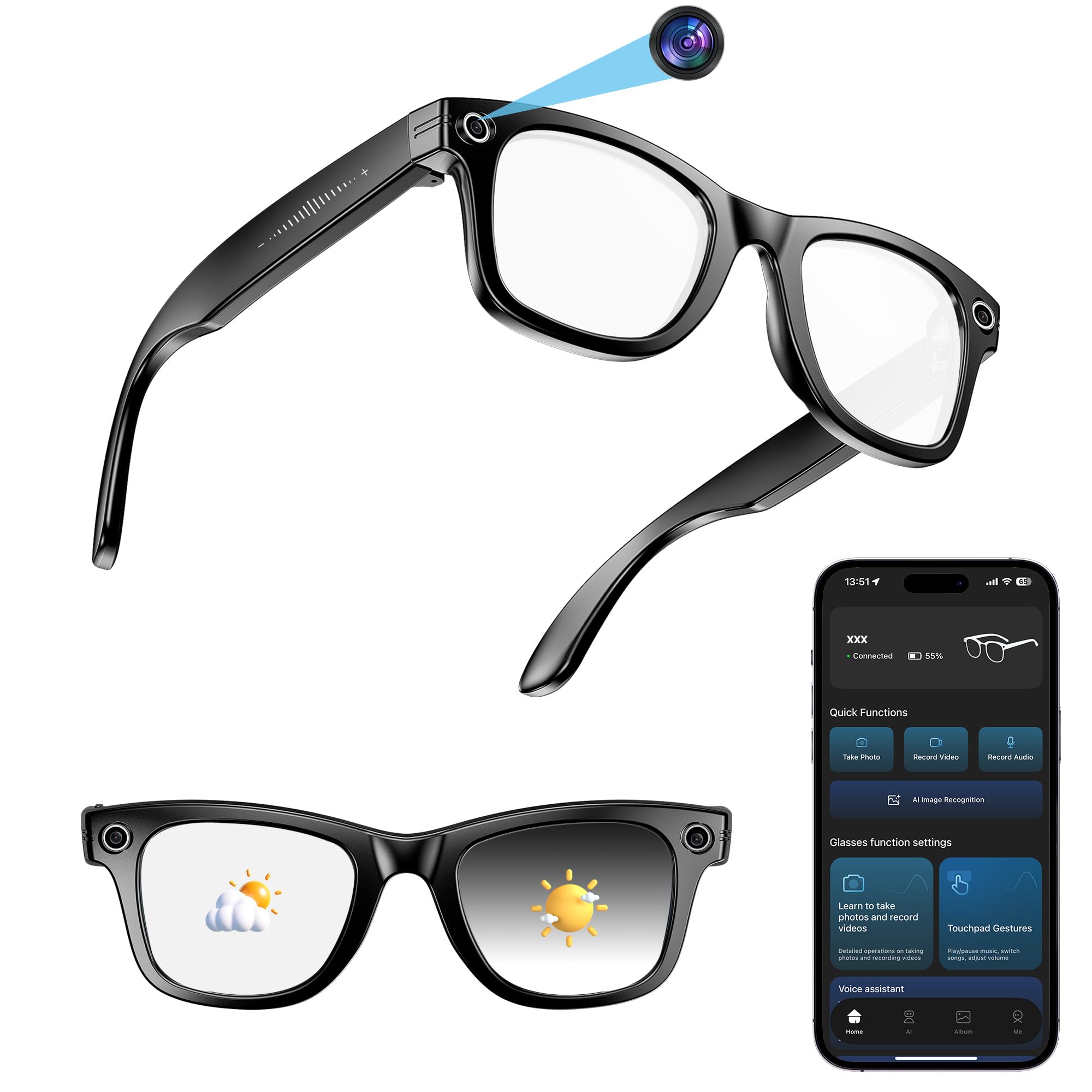 Yowow BIT AI Smart Camera Glasses with 4K Ultra-Wide Anti-Shake Camera HD 1080P Videos Vlog Recording AI Translation