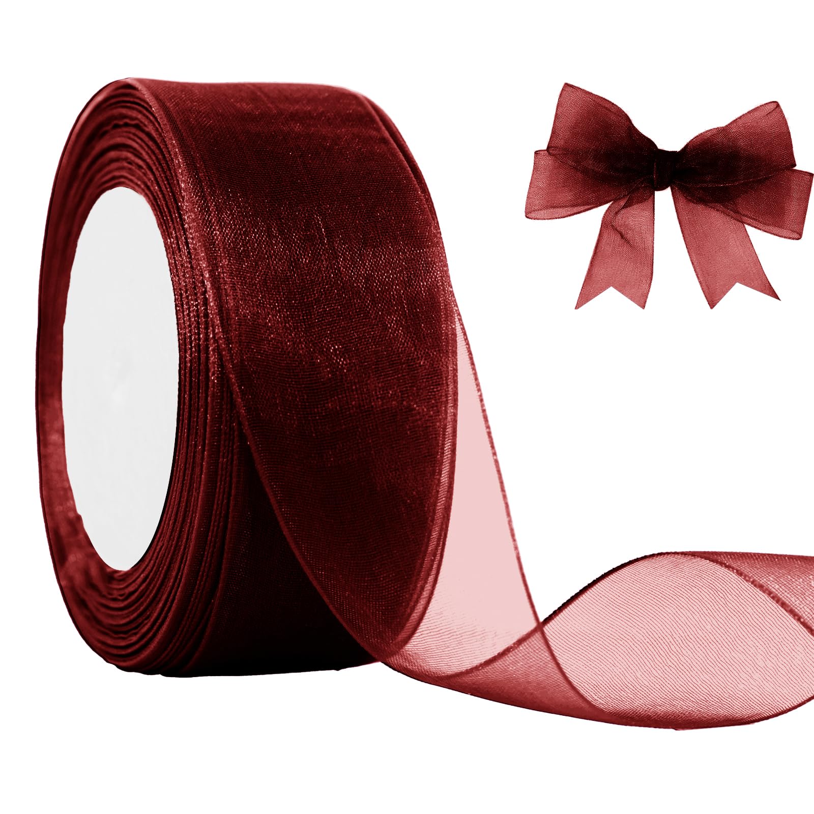 Burgundy Organza Chiffon Ribbon 1-1/2 inch X 50 Yards Sheer Ribbon for Flower Fabric for Wedding Invitations Bridal Bouquets Party Decoration Gift Wrapping Bow Making