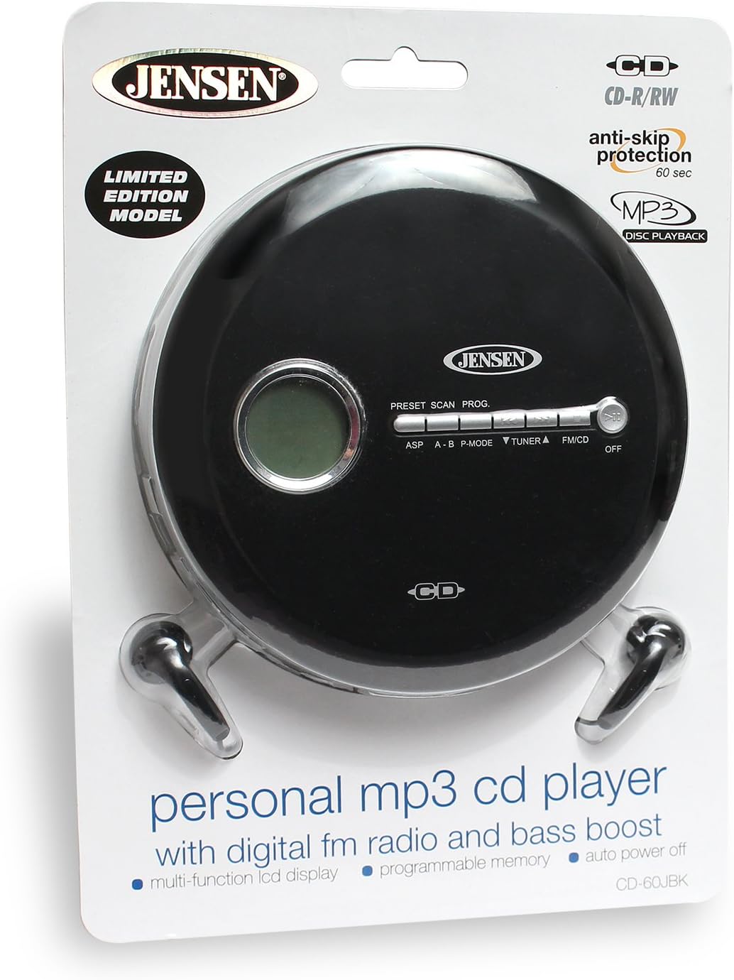 Jensen Portable CD Player Slim CD Personal MP3/CD/FM Radio Player with 60-Sec Skip Protection & FM Radio, LCD Display Bass Boost for CD, CD-R, CD-RW & Ear-Buds (Black Series Edition Model)