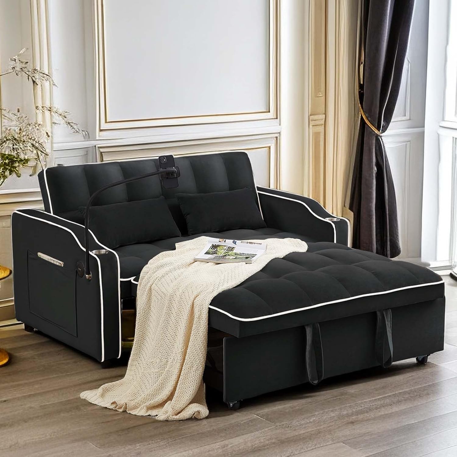 3 in 1 Velvet Pull Out Sleeper Sofa Bed with Cup Holder&USB Port, Modern 2-Seater Convertible Futon Couch Loveseat with Phone Stand&Storage Pockets for Living Room Apartment (Black)