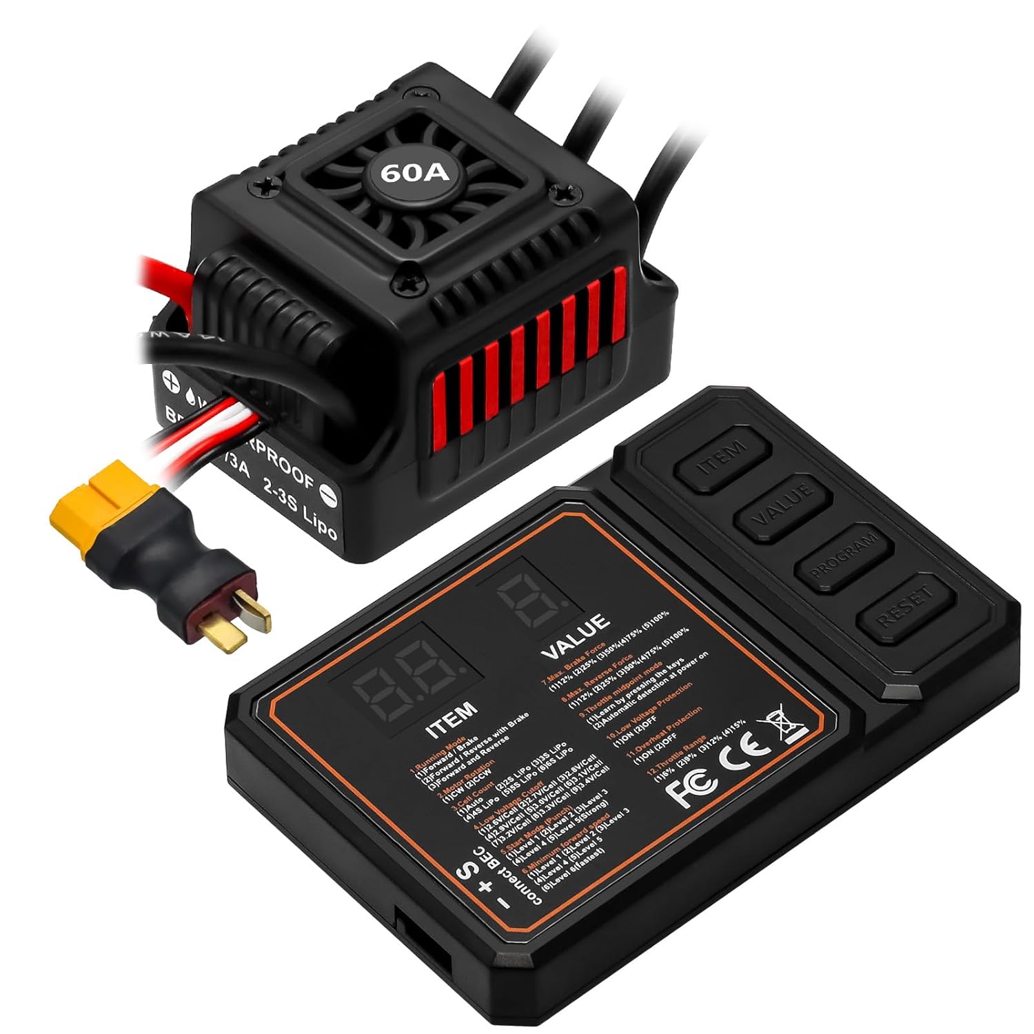 Hobby Fans Upgraded 60A Brushless ESC 2-3S Electronic Speed Controller with Programming Card Waterproof ESC for 1/10 Remote Control Car Truck