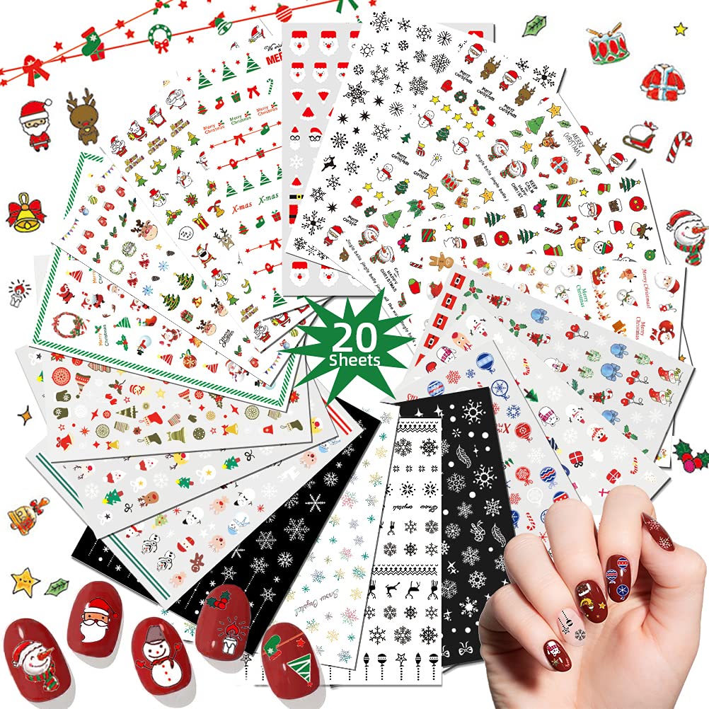 20 Blatt Weihnachts-Nagelsticker – über 2000 Aufkleber Mit Weihnachtsmann, Schneeflocken Etc., Für DIY Nageldesign