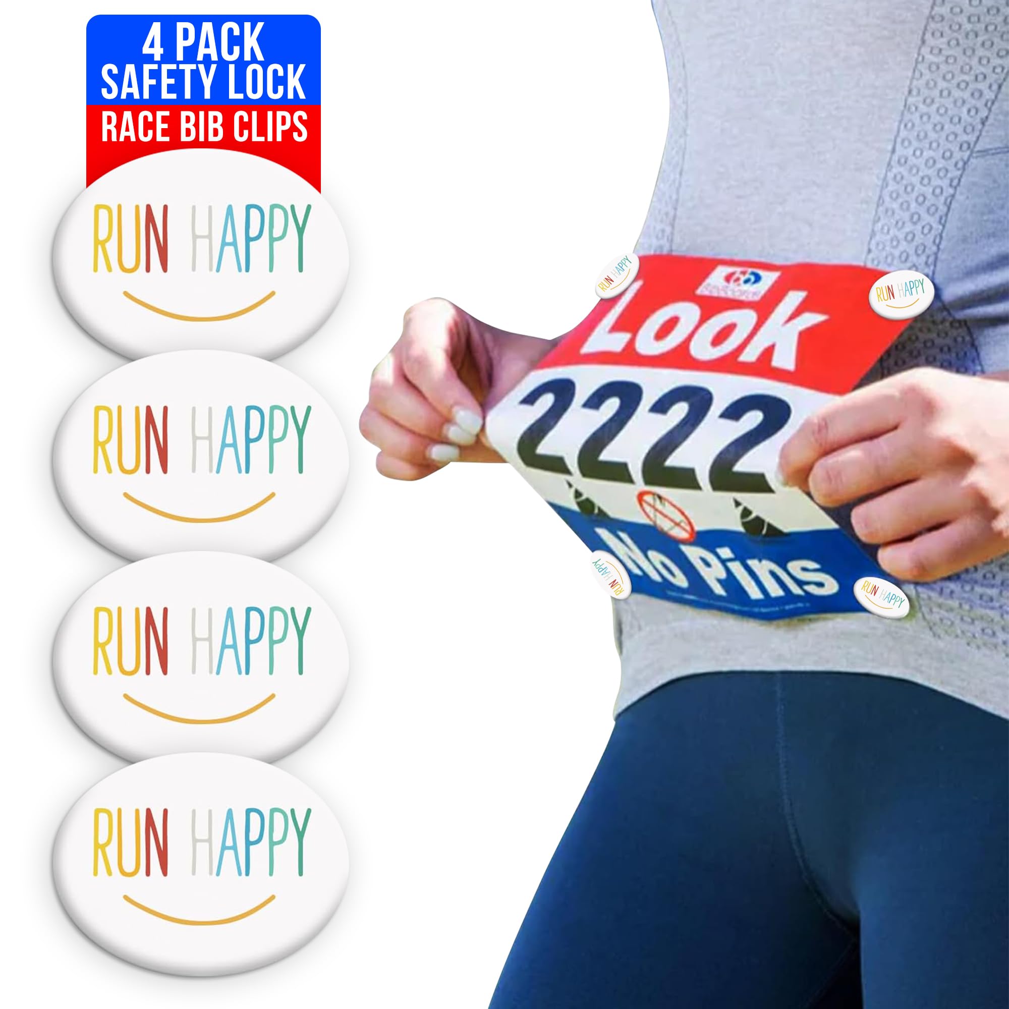 bibSNAPS Race Bib Clips - Safety Lock Fasteners - Secures Running, Marathon, Cycling and Event Number, Non Magnetic, Easy to Use, Soft & Reusable - Replacement for Pins & Magnets - Run Happy (4pcs)