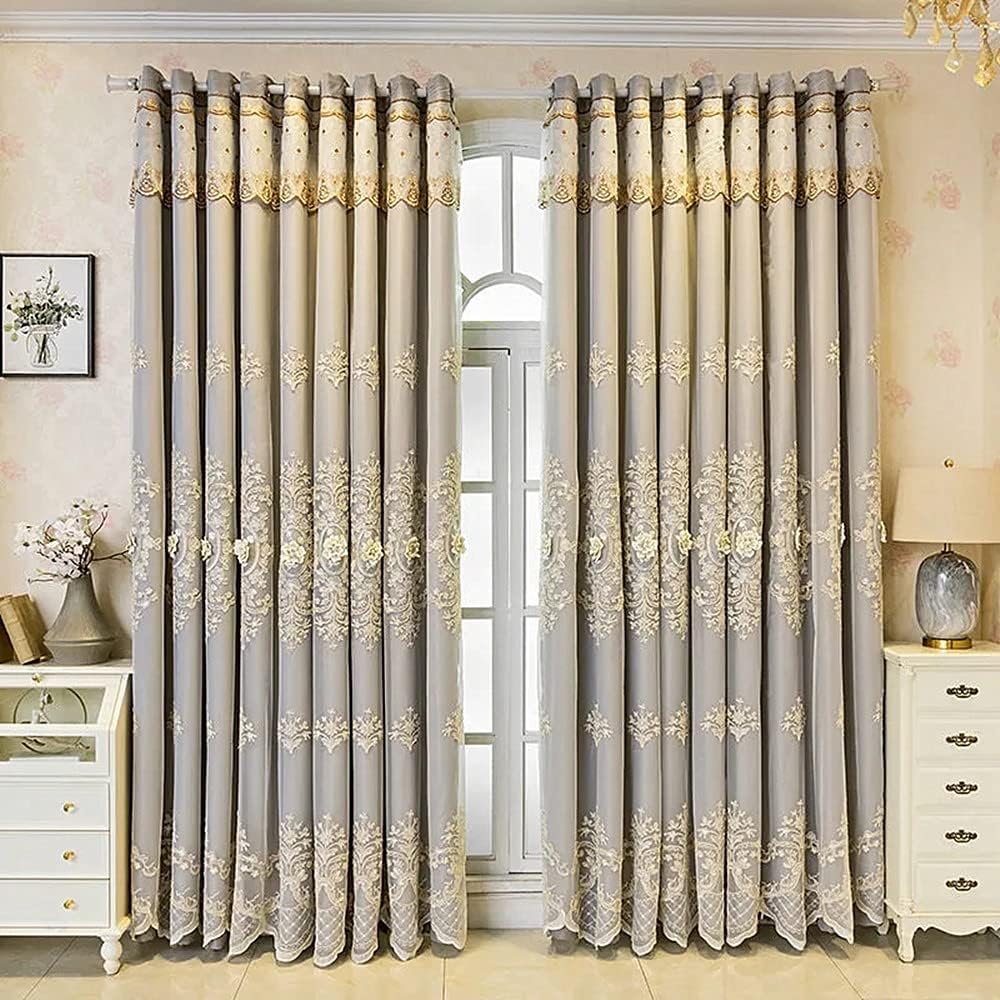 Amidoudou 1 Pair European Double Layer Curtains with Valances for Living Room Bedroom Luxury 3D Flower Embroidered Curtains (Grey,52x84 Inch)