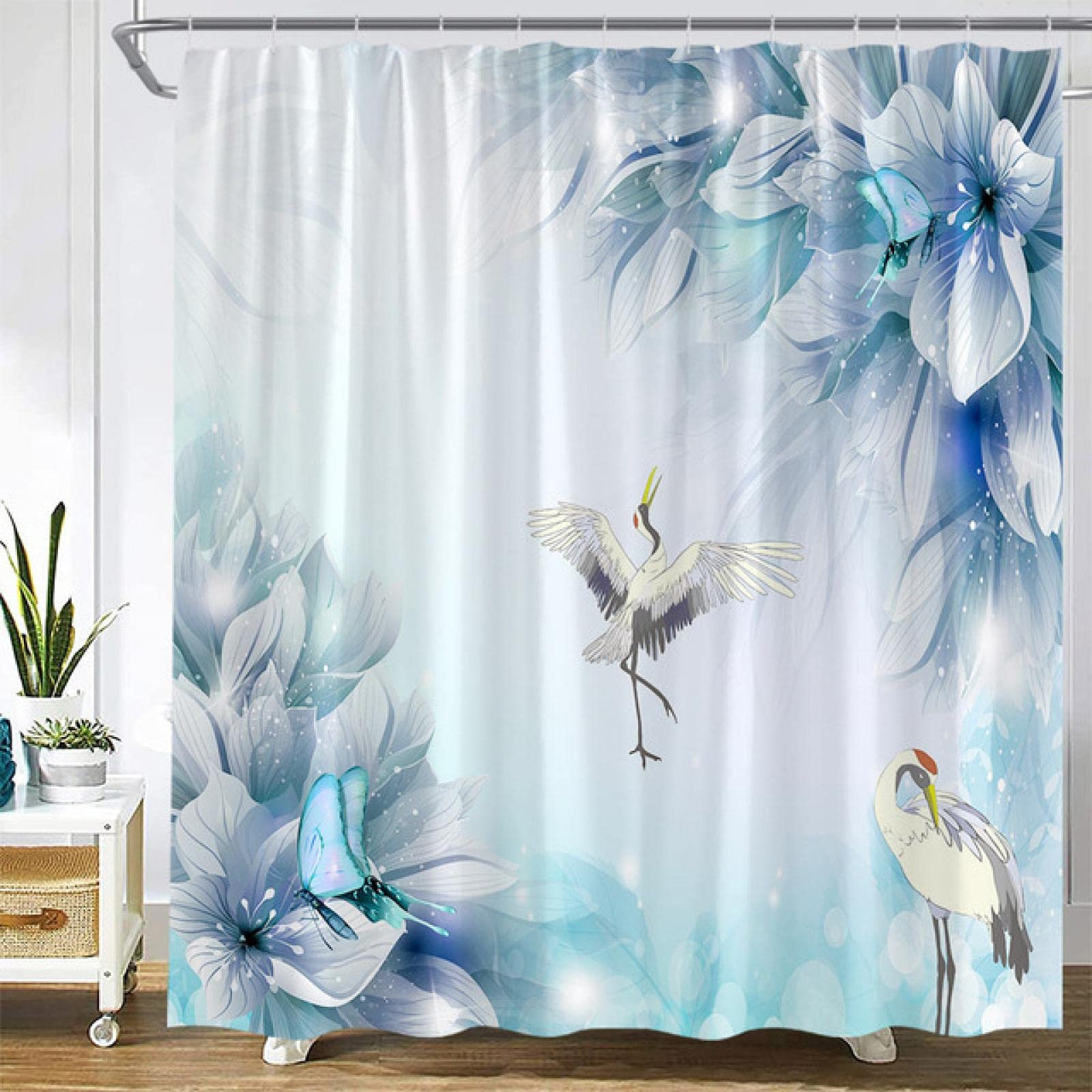 Rideau de baignoire lavable et déperlant en tissu avec motif oiseau grue rose floral