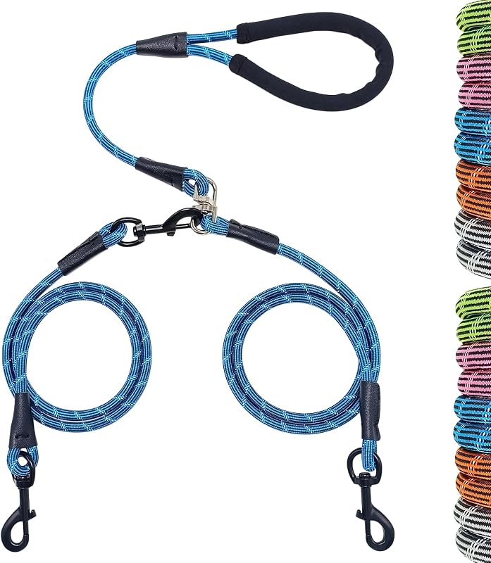 Guia Dupla para 2 Cães WYuZe com Corda de Nylon, Engate Giratório e Alça Acolchoada Azul – 1,52 m