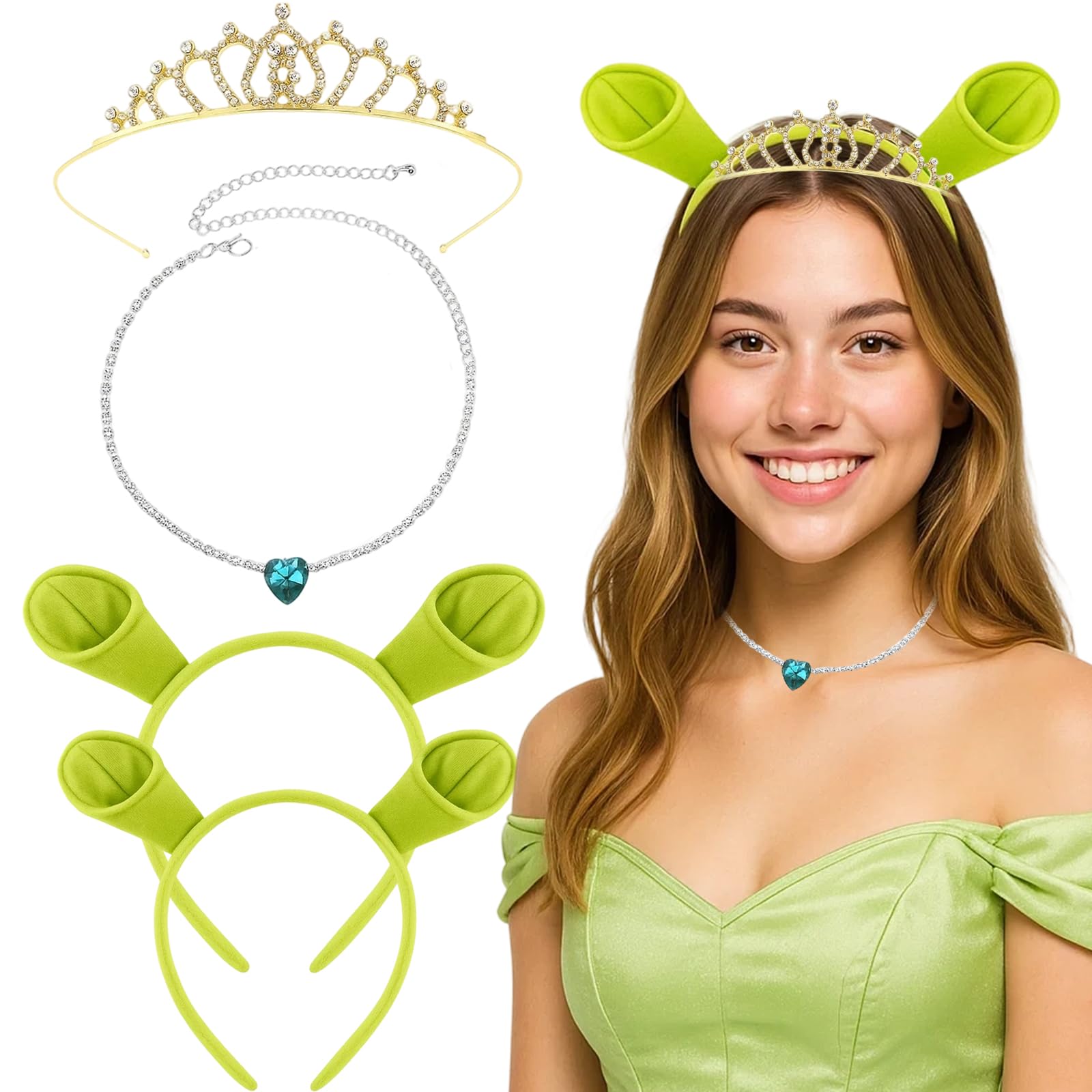 XazNvc Green Headband,World Book Day Costumes for girls,4 Pcs Cute Ears Headbands Set with Crown and Necklace,Carnival Costume for Cosplay Fancy Dress and Themed Parties for 14+ Years Old