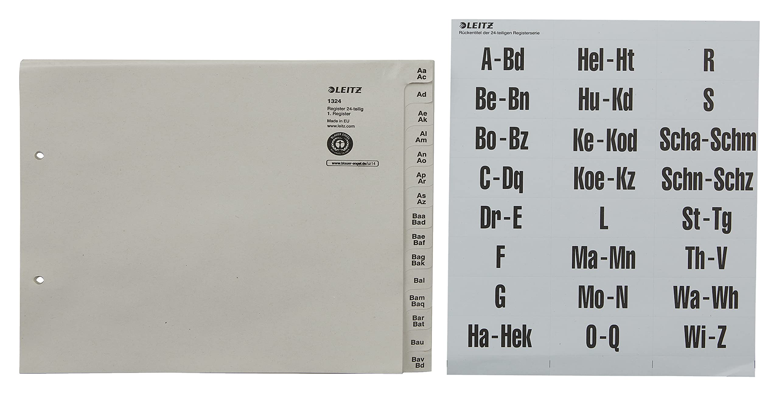 Leitz Índices A-Z para Archivadores de 24 Hojas, Media Altura, Extra Ancho, 100 % Papel Reciclado, Etiqueta Ángel Azul, Gris, 13240085