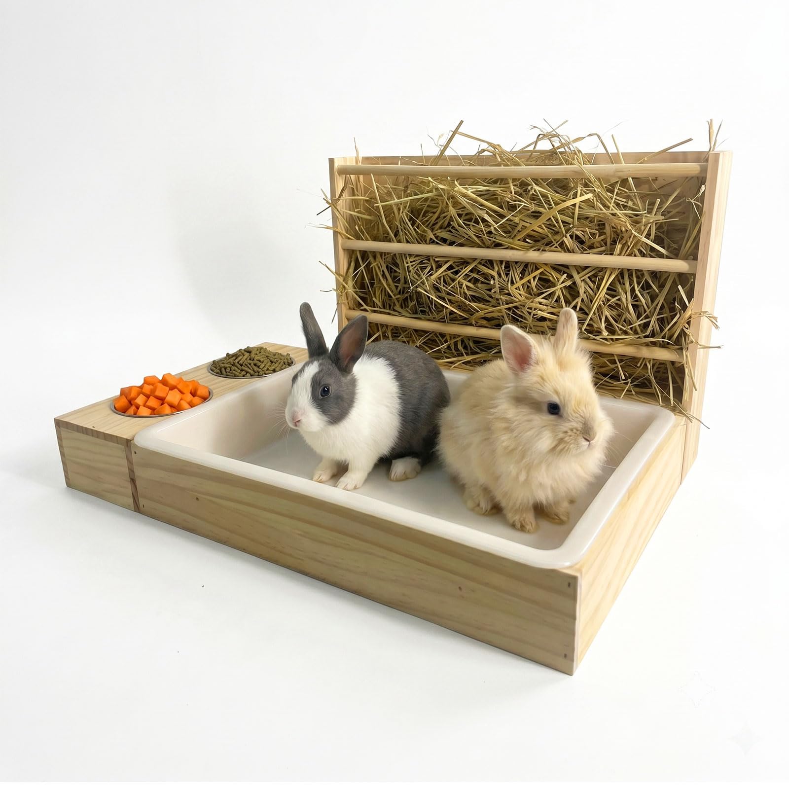 3-in-1 Kaninchen Heuraufe, Heufutterautomat für Kaninchen Mit Toilette Und Futternäpfen, Holz Kleintier Futterstation, Futterspender, Meerschweinchen, Hamster, Chinchilla
