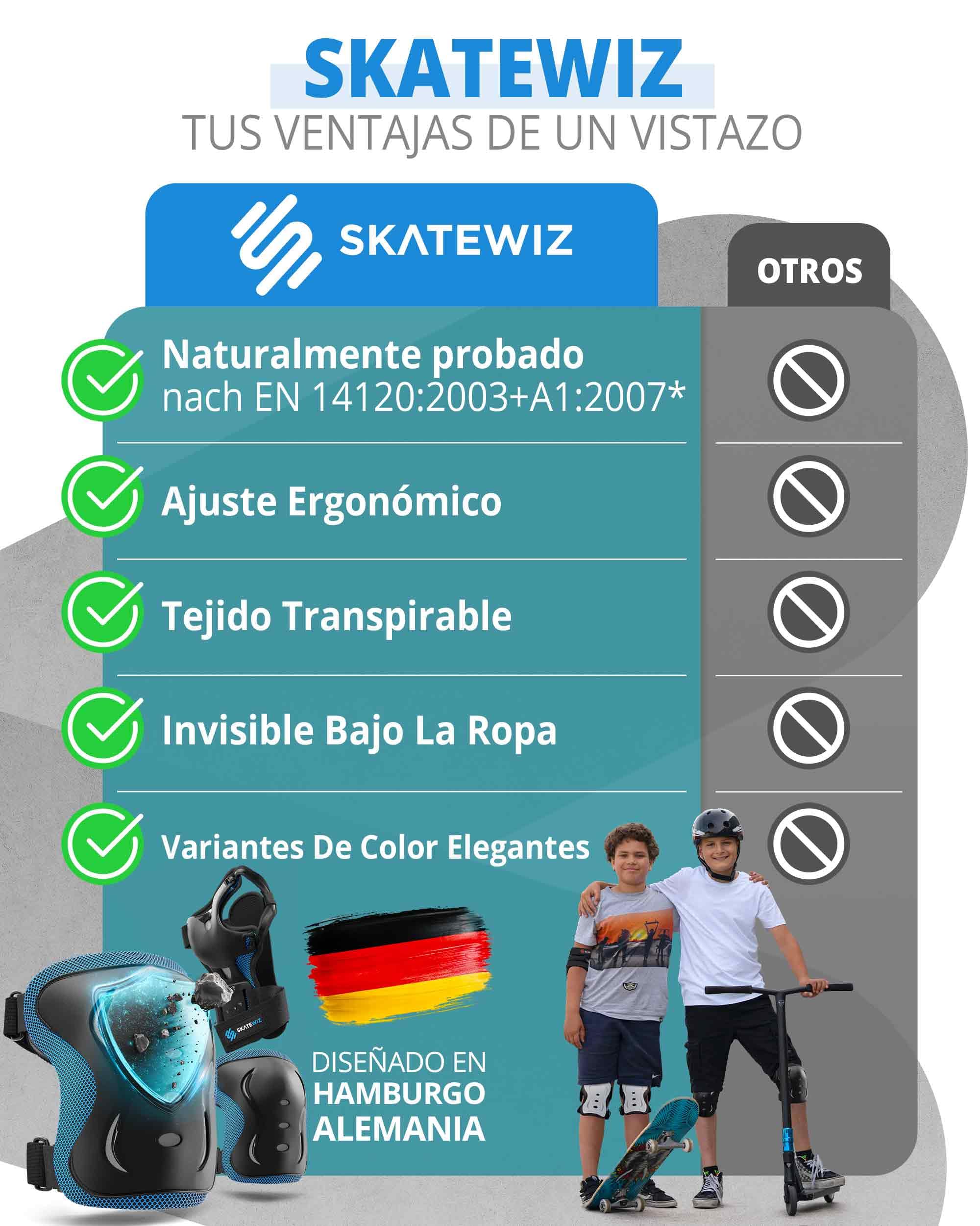 SKATEWIZ Protecciones Patines Set - Para Niño, Niña, Adolescentes y Adultos [6 piezas] con Rodilleras y Coderas Muñequeras - Protecciones Patines Niño — view 9
