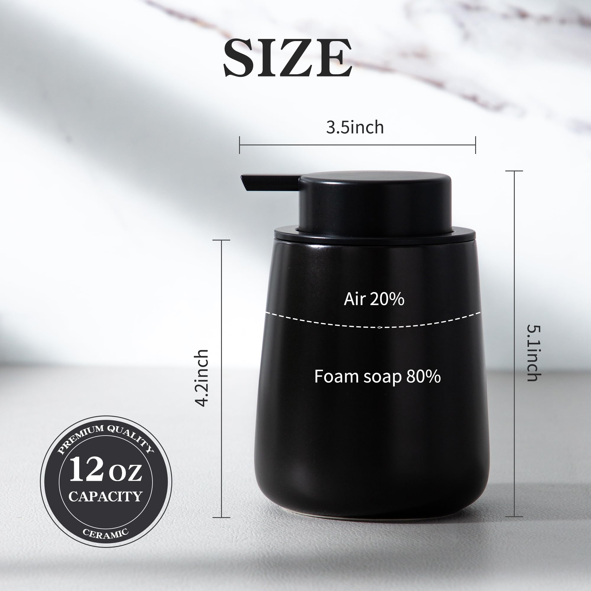 Enra Dispensador de jabón negro, dispensador de loción de manos de cerámica de 12 onzas, dispensador de jabón para platos recargable, dispensador de jabón líquido moderno para baño, cocina con bomba