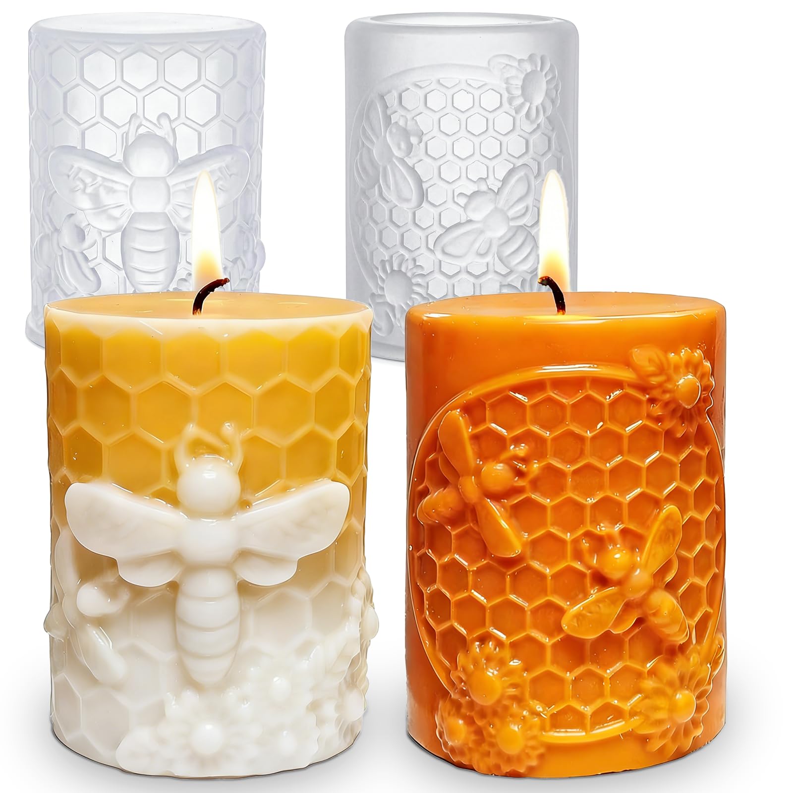 MEMOVAN Bee Candle Molds 2PCS Bee Cylinder Silicone Soap Mold Honeycomb Flower Mold Beeswax Candle Mould for Resin Epoxy Soap Casting Clay Wax Plaster Ornament Mould DIY Craft Home Decor