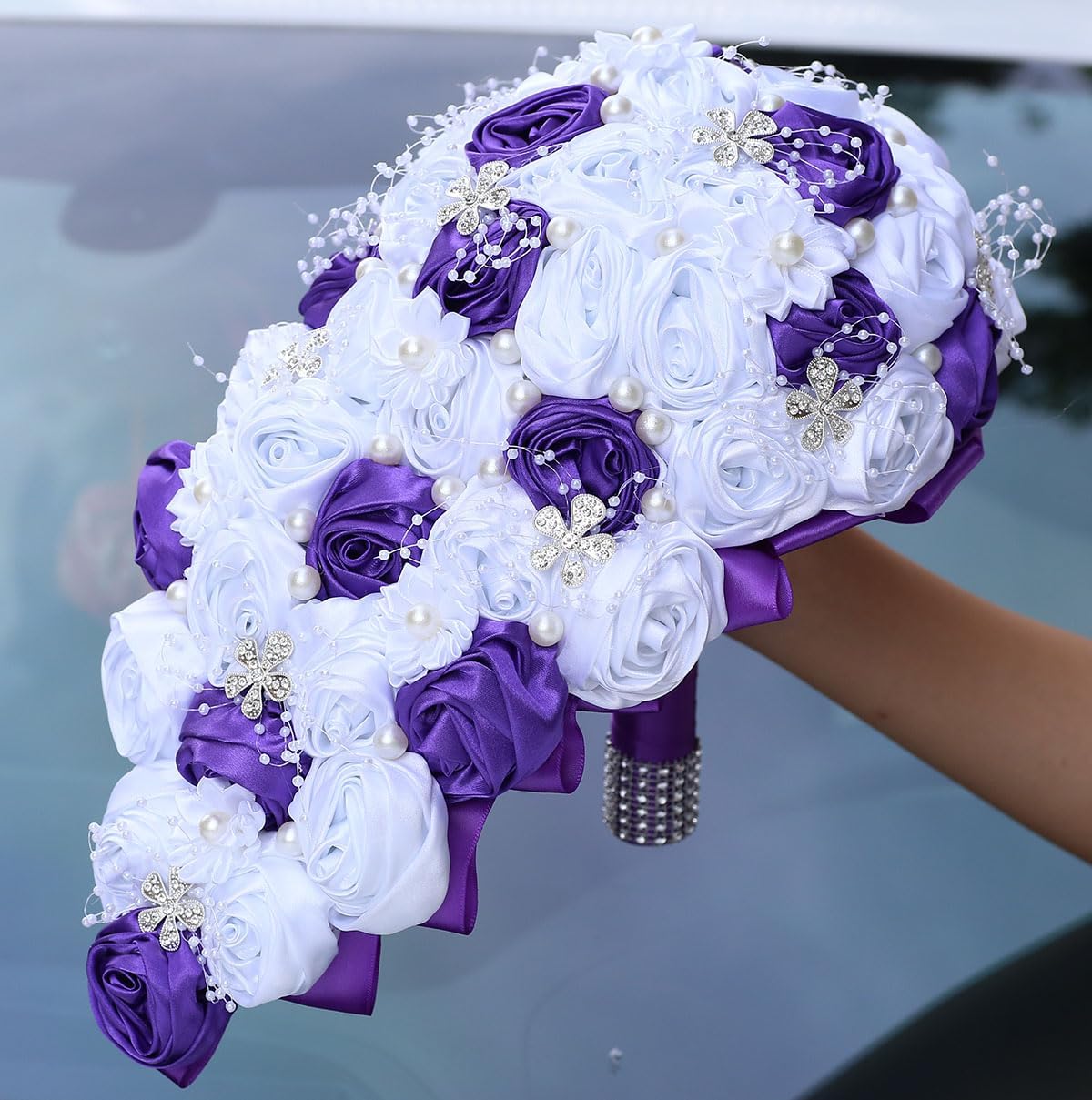 Luxury Cascade Bridal Wedding Bouquet Satin Rose Waterfall Holding Bouquet Artificial Flower Bunch for Bride Bridesmaid(White & Purple, 17.3" x 8.7")