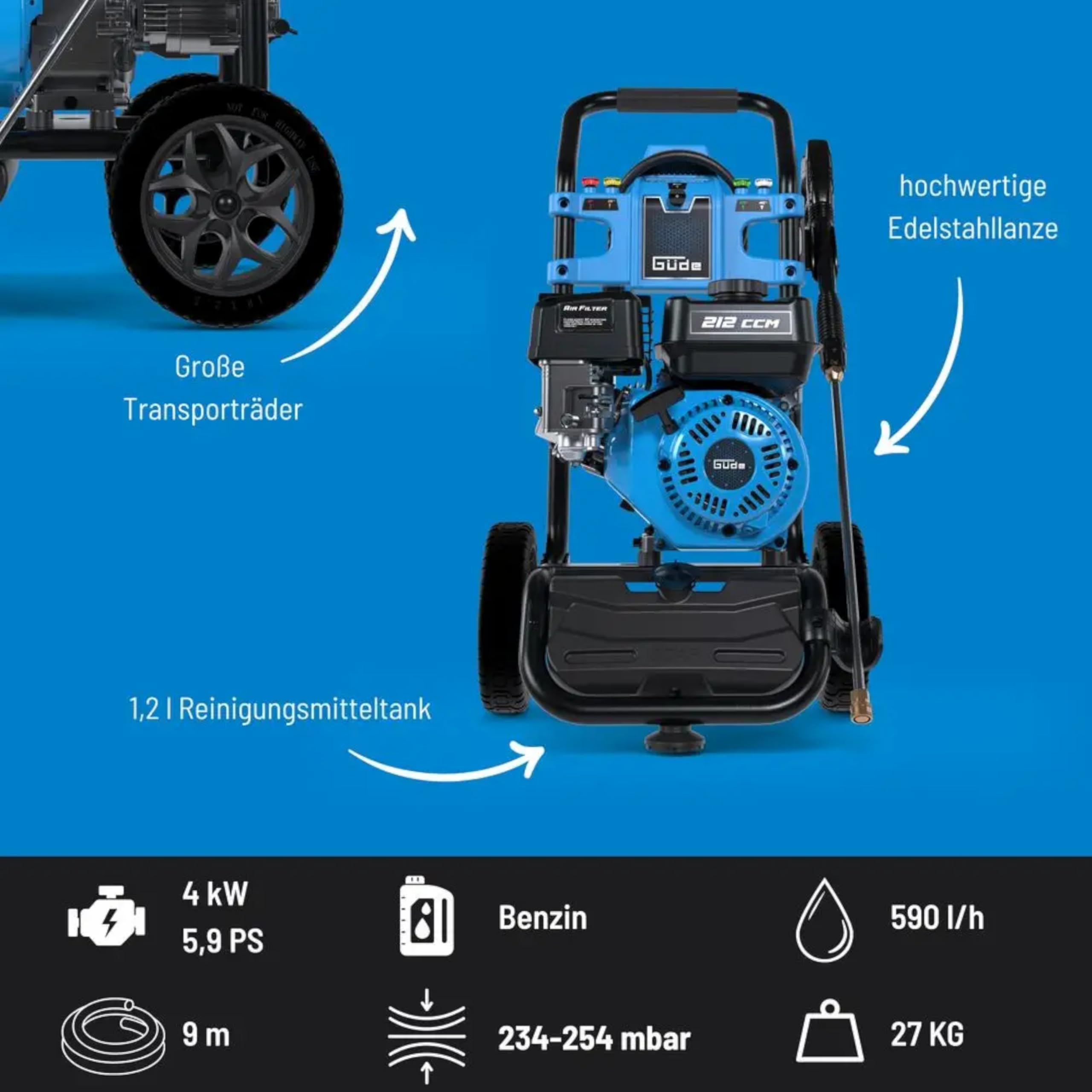 GÜDE Gasolina Hidrolimpiadora Fuel 250 – 234 Bar presión de Trabajo, 590 l/h, Motor de 4 Tiempos, Manguera de 9 m, depósito de detergente, 5 boquillas