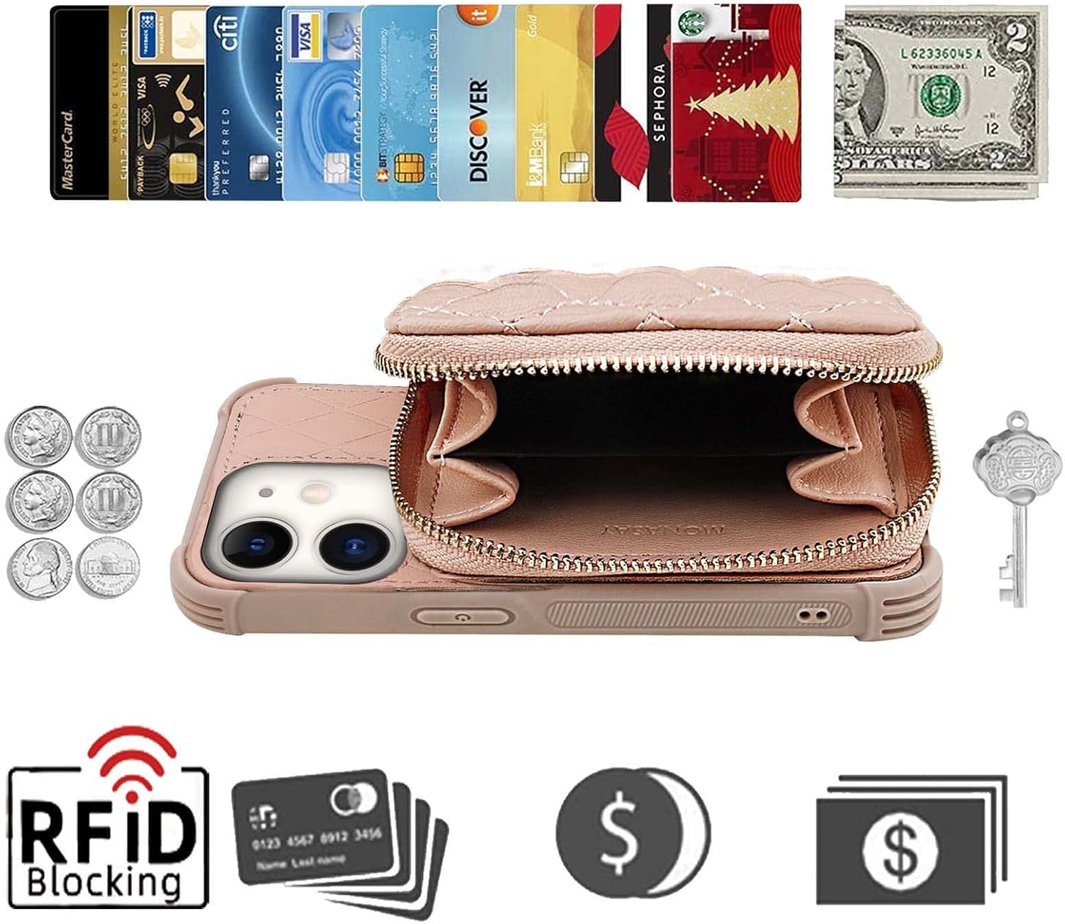 MONASAY Zipper Wallet Case Fit for iPhone 12 Pro/iPhone 12,[Glass Screen Protector ][RFID Blocking] Flip Leather Handbag Phone Cover with Card Holder and Crossbody Lanyard Strap, Rosegold