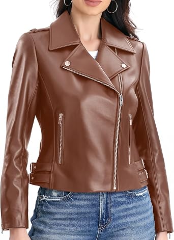 SILVER FASHIONS Lambskin Leather Jacket Women,Motorcycle Jacket,Asymmetrical Zip Style,Buckle Belts,Quilted Details