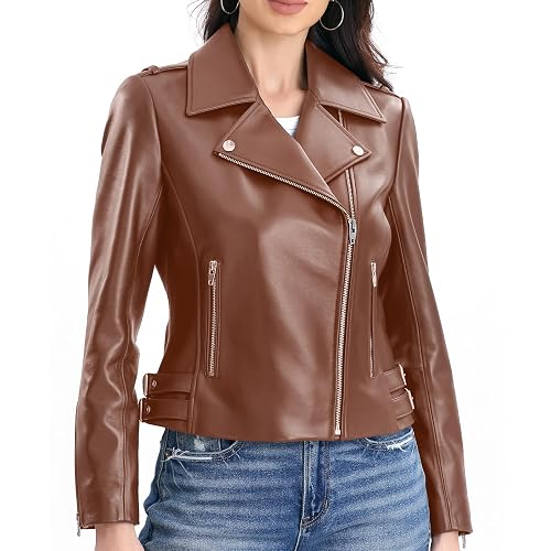 SILVER FASHIONS Lambskin Leather Jacket Women,Motorcycle Jacket,Asymmetrical Zip Style,Buckle Belts,Quilted