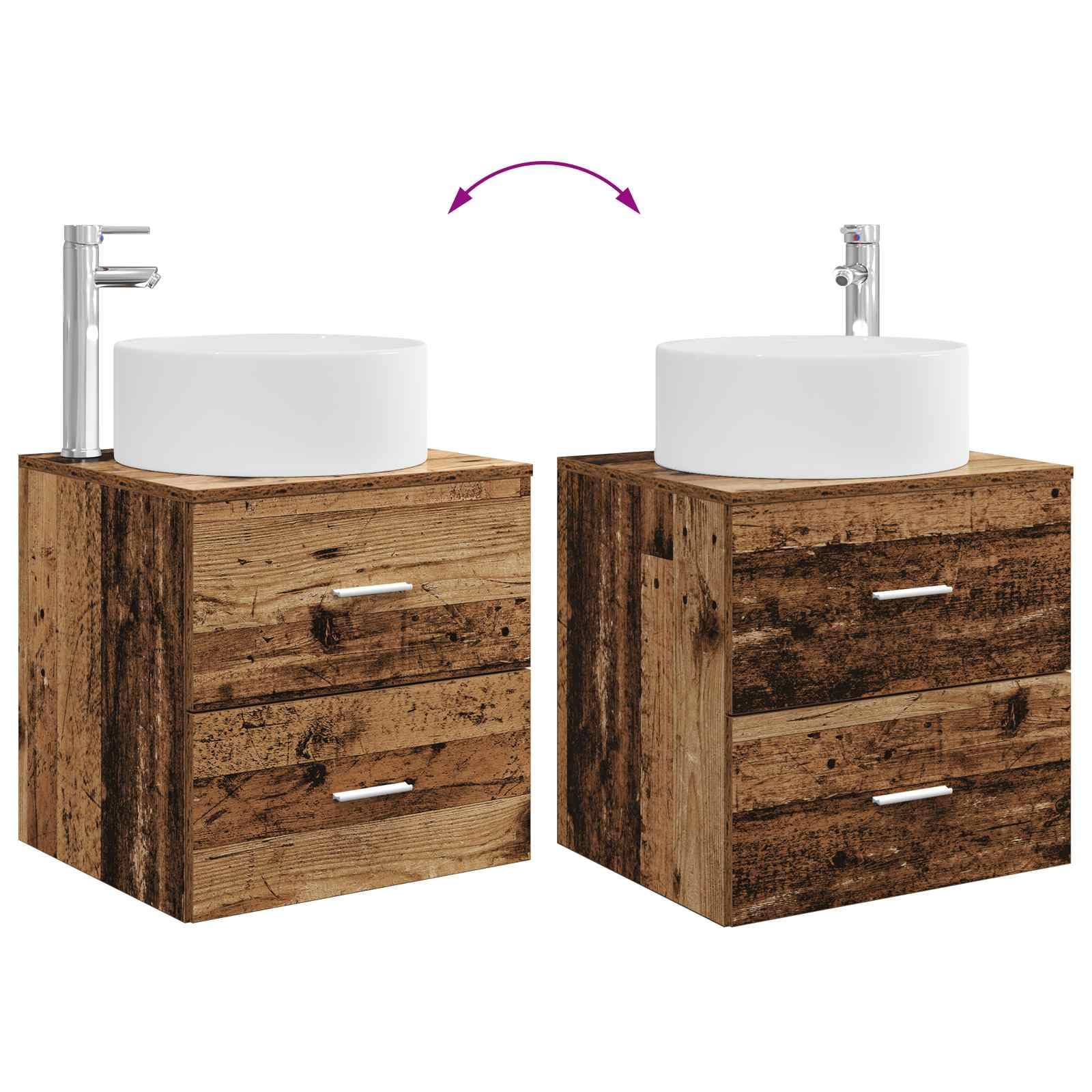 Lavabo montado en la pared con armario bajo madera envejecida, 49,5 x 44,5 x 65,5 cm, armario de baño colgante con 2 cajones para baño pequeño y aseo de invitados